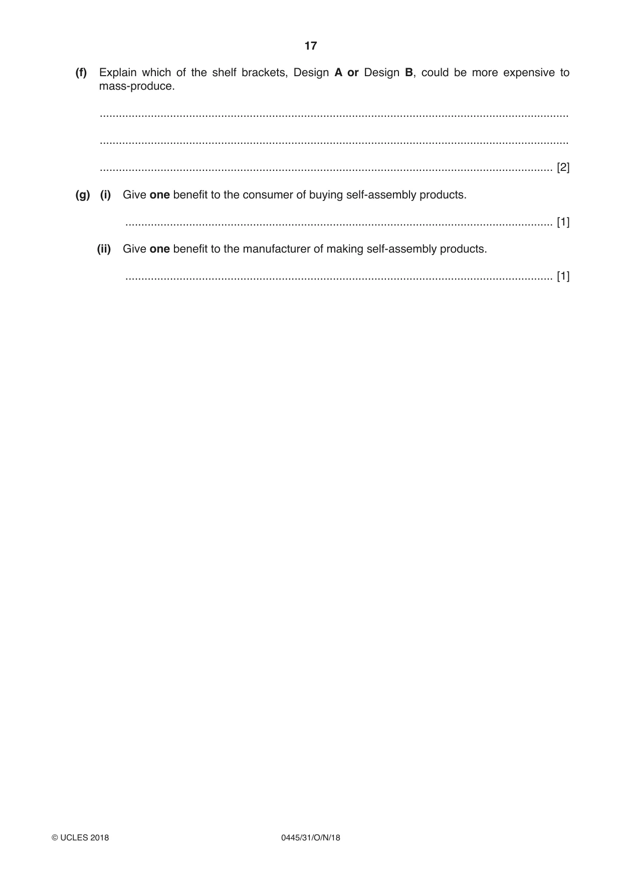 Cambridge IGCSE Design and Technology 0445 2018 Oct/Nov Paper 3 · Variant 1 question paper, page 17 of 20