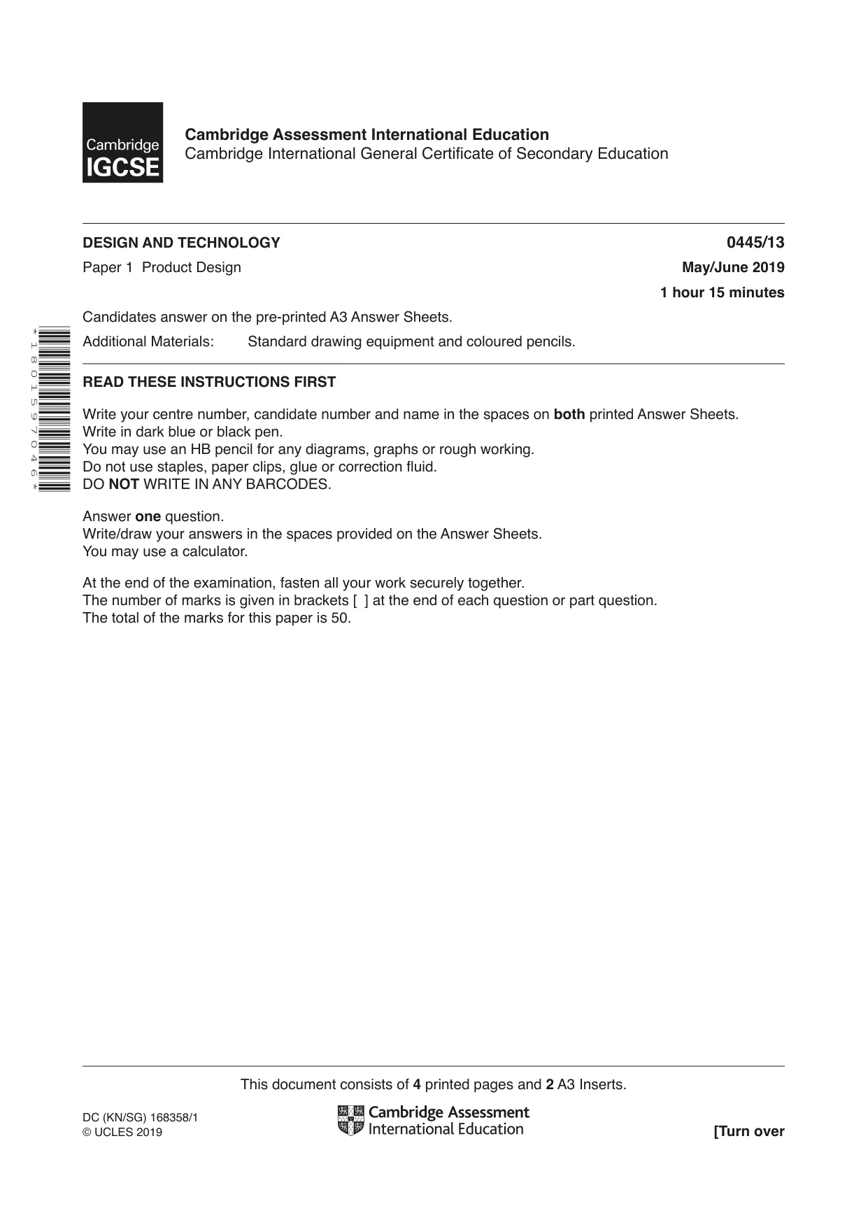 Cambridge IGCSE Design and Technology 0445 2019 May/June Paper 1 · Variant 3 question paper, page 1 of 4