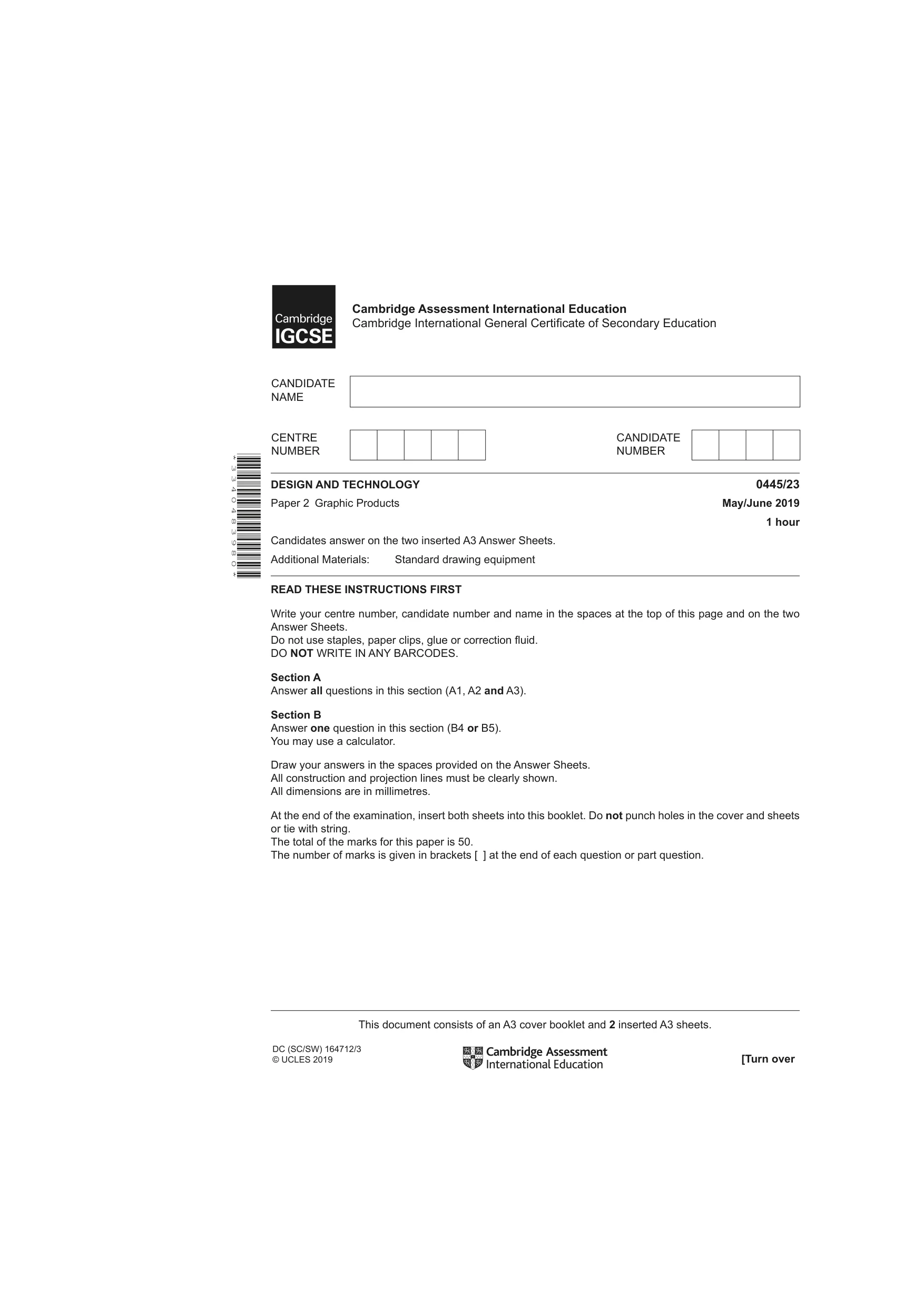 Cambridge IGCSE Design and Technology 0445 2019 May/June Paper 2 · Variant 3 question paper, page 1 of 4