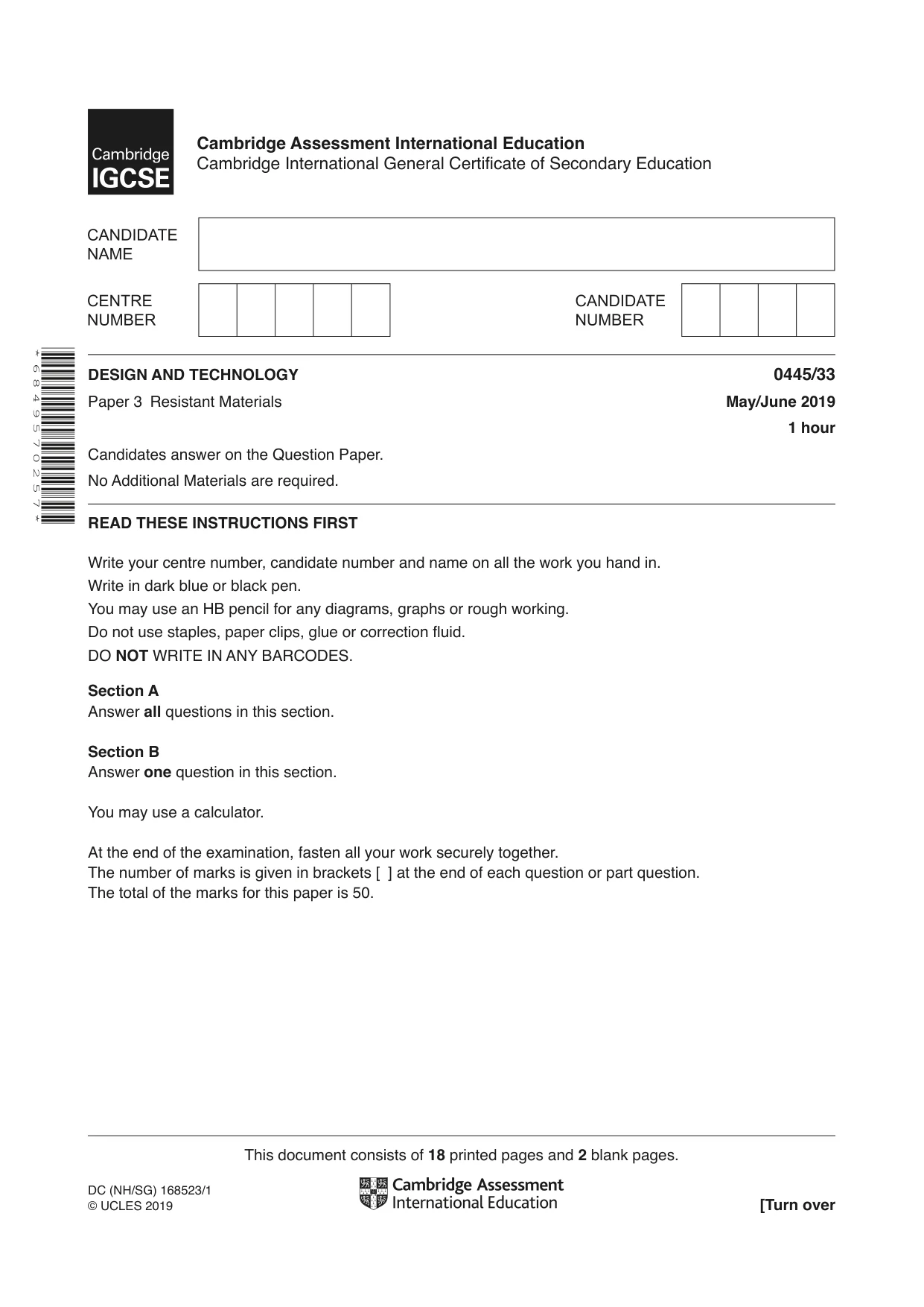 Cambridge IGCSE Design and Technology 0445 2019 May/June Paper 3 · Variant 3 question paper, page 1 of 20