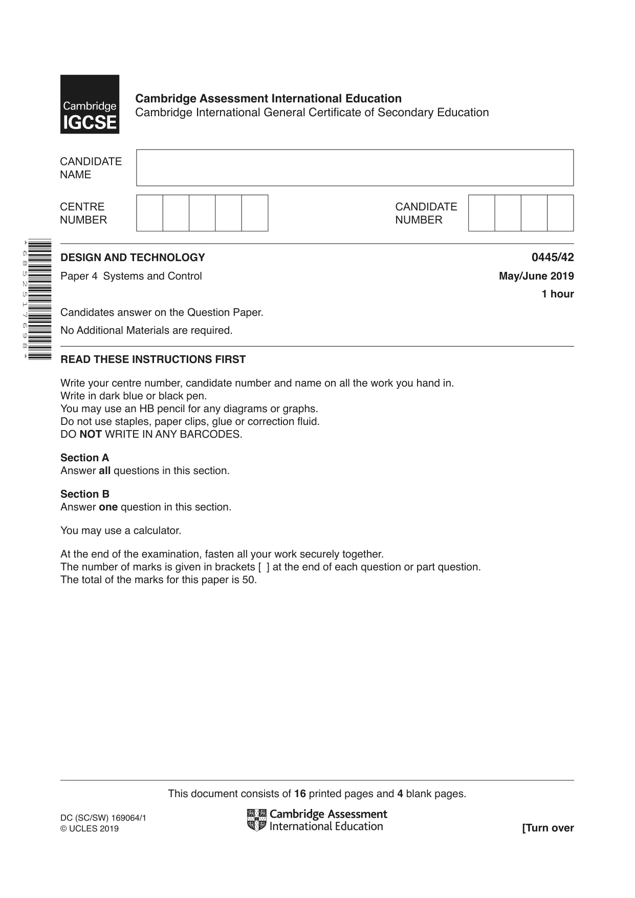 Cambridge IGCSE Design and Technology 0445 2019 May/June Paper 4 · Variant 2 question paper, page 1 of 20