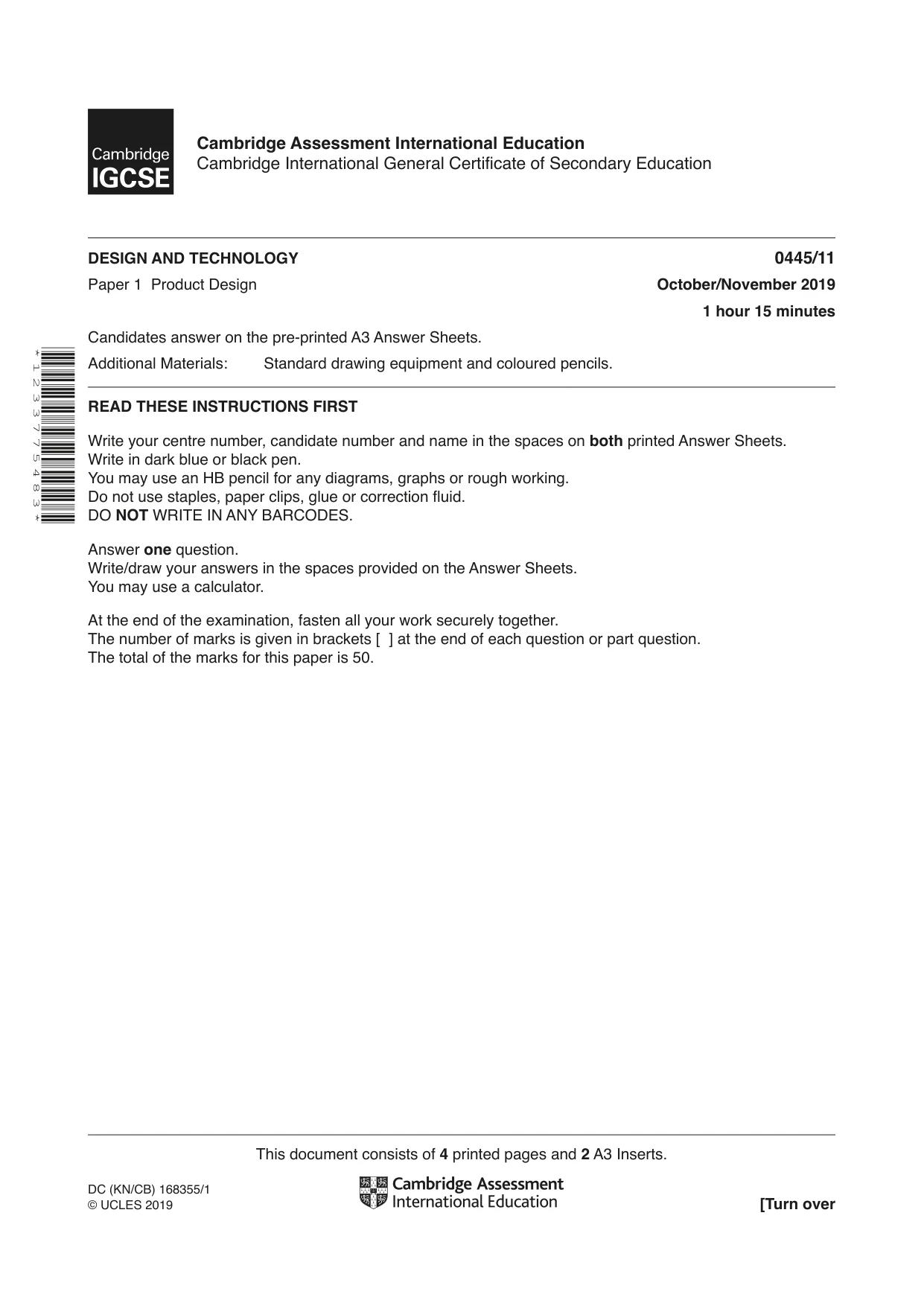 Cambridge IGCSE Design and Technology 0445 2019 Oct/Nov Paper 1 · Variant 1 question paper, page 1 of 4