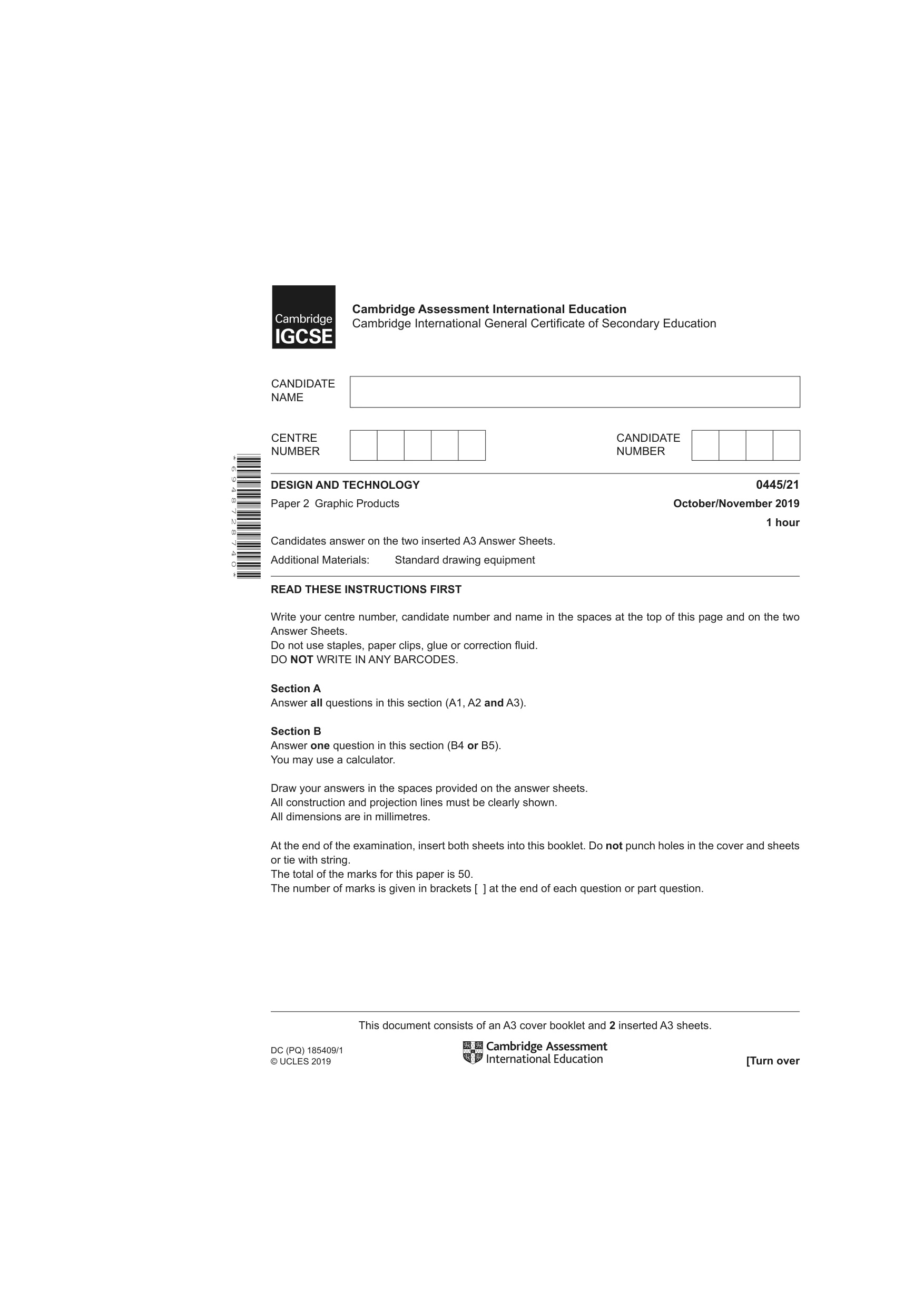 Cambridge IGCSE Design and Technology 0445 2019 Oct/Nov Paper 2 · Variant 1 question paper, page 1 of 4
