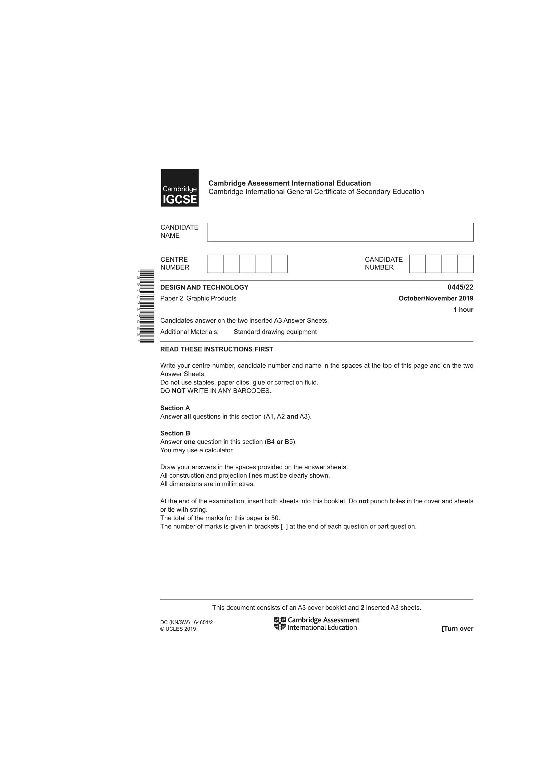 Cambridge IGCSE Design and Technology 0445 2019 Oct/Nov Paper 2 · Variant 2 question paper, page 1 of 4