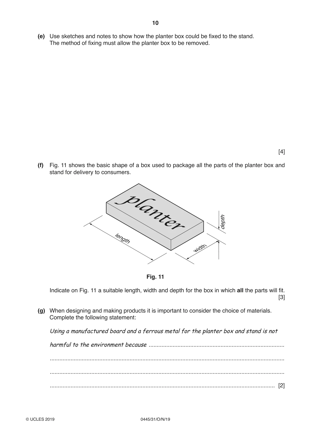 Cambridge IGCSE Design and Technology 0445 2019 Oct/Nov Paper 3 · Variant 1 question paper, page 10 of 20