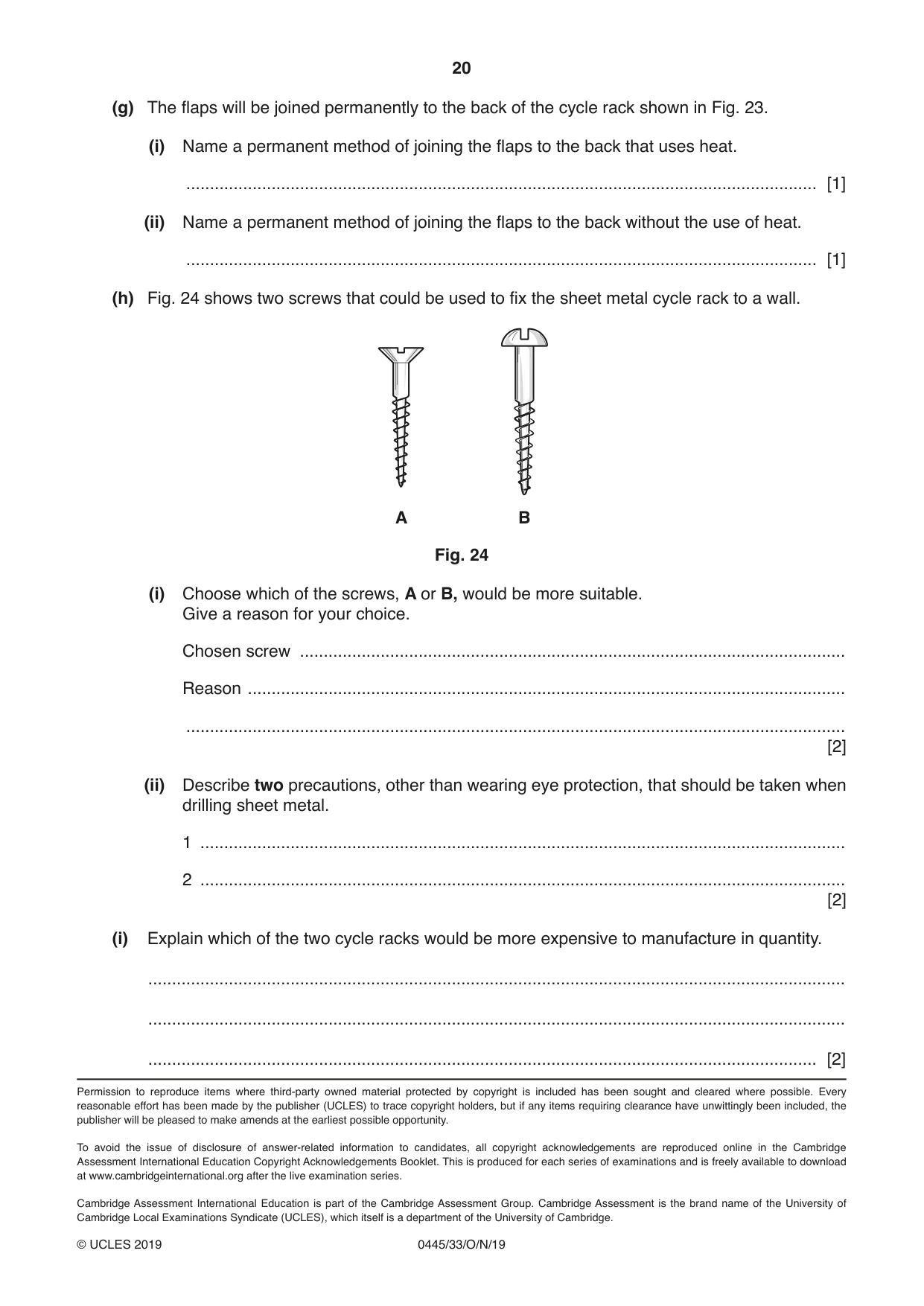 Cambridge IGCSE Design and Technology 0445 2019 Oct/Nov Paper 3 · Variant 3 question paper, page 20 of 20