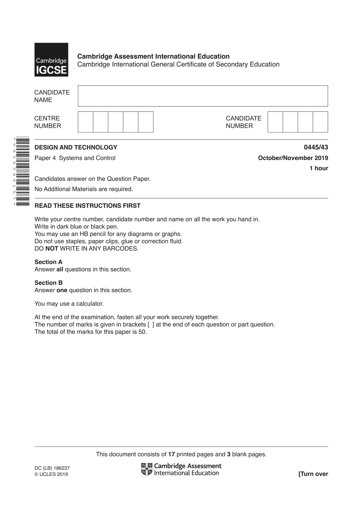 Cambridge IGCSE Design and Technology 0445 2019 Oct/Nov Paper 4 · Variant 3 question paper, page 1 of 20