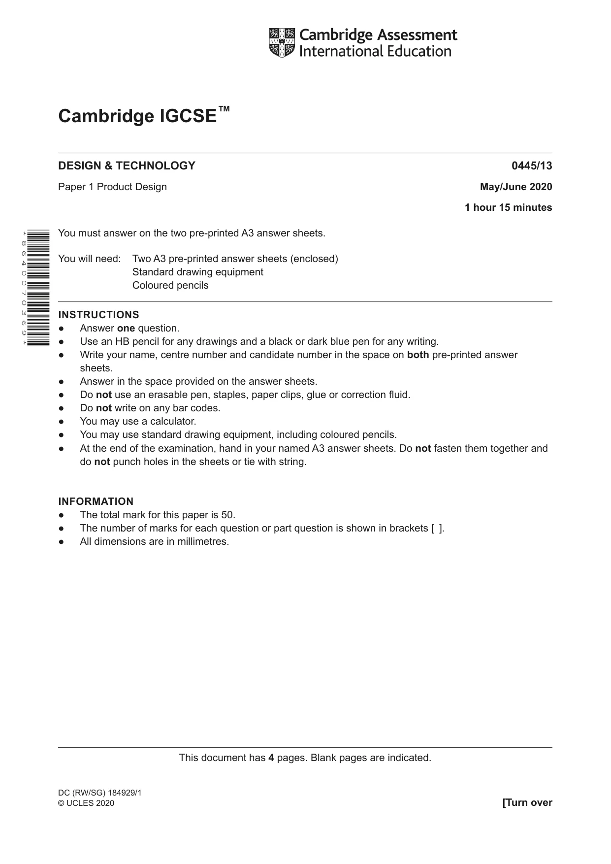 Cambridge IGCSE Design and Technology 0445 2020 May/June Paper 1 · Variant 3 question paper, page 1 of 4