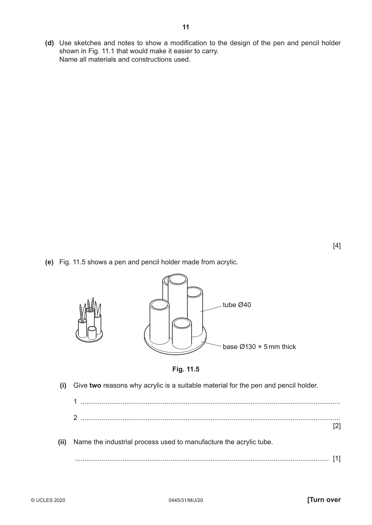 Cambridge IGCSE Design and Technology 0445 2020 May/June Paper 3 · Variant 1 question paper, page 11 of 20