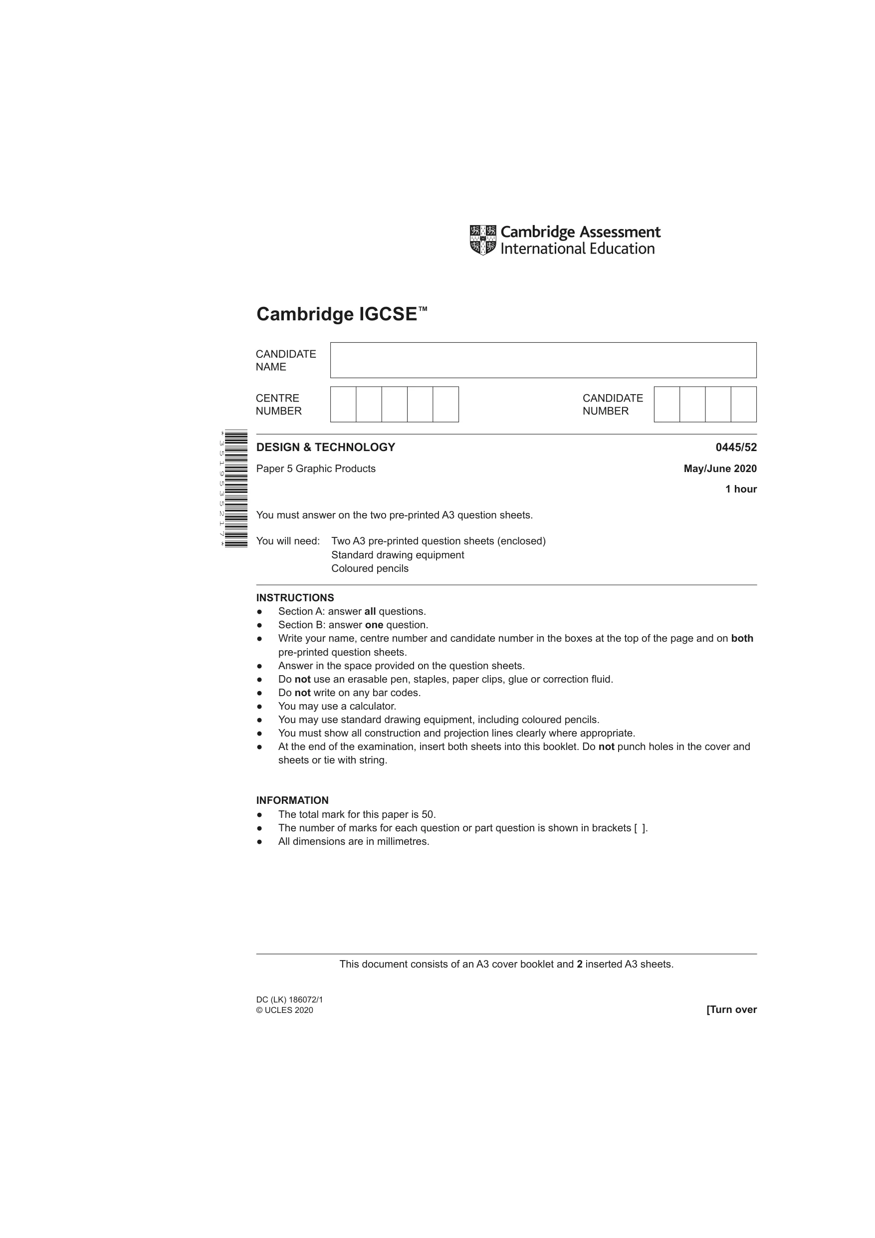 Cambridge IGCSE Design and Technology 0445 2020 May/June Paper 5 · Variant 2 question paper, page 1 of 4