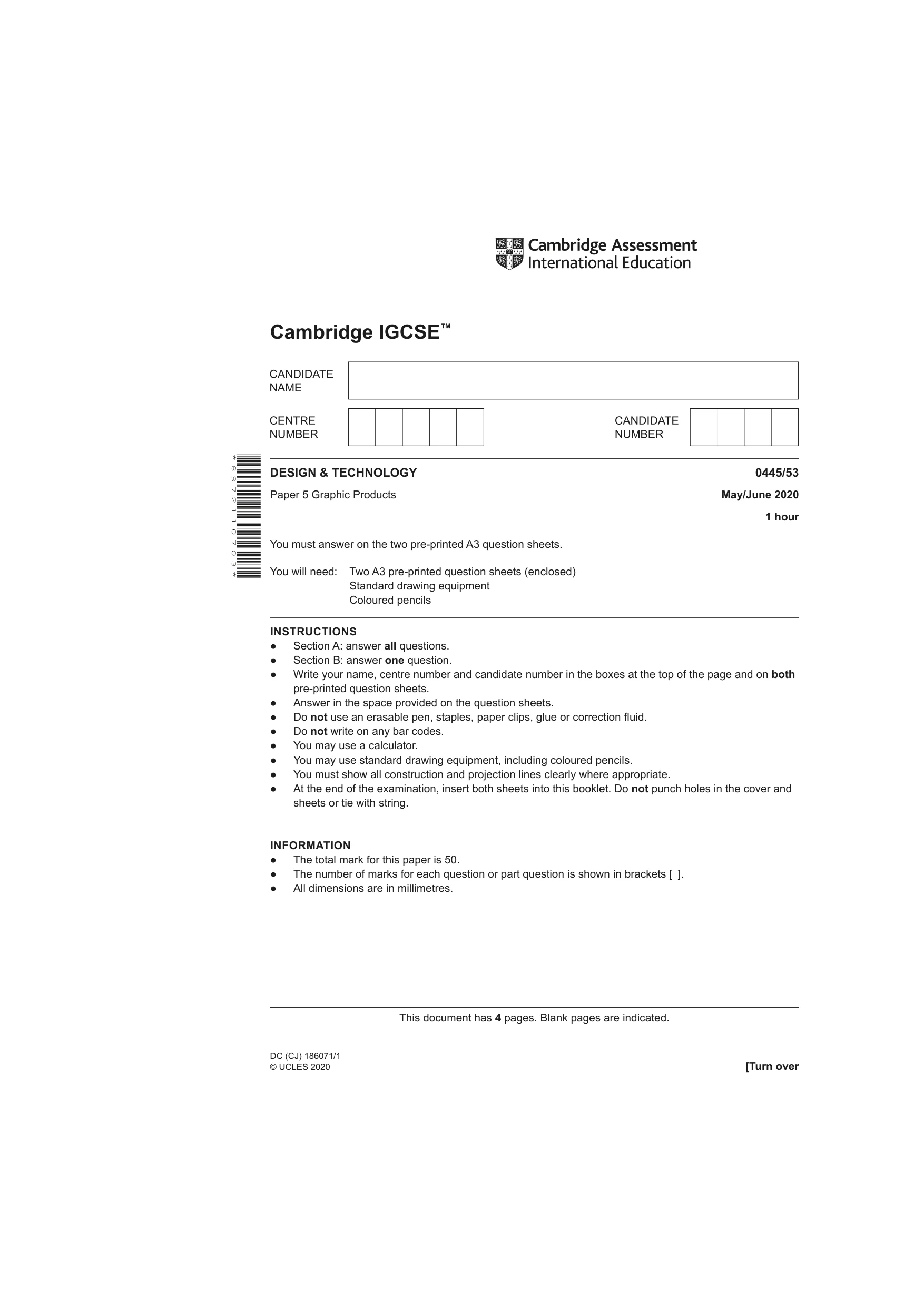 Cambridge IGCSE Design and Technology 0445 2020 May/June Paper 5 · Variant 3 question paper, page 1 of 4