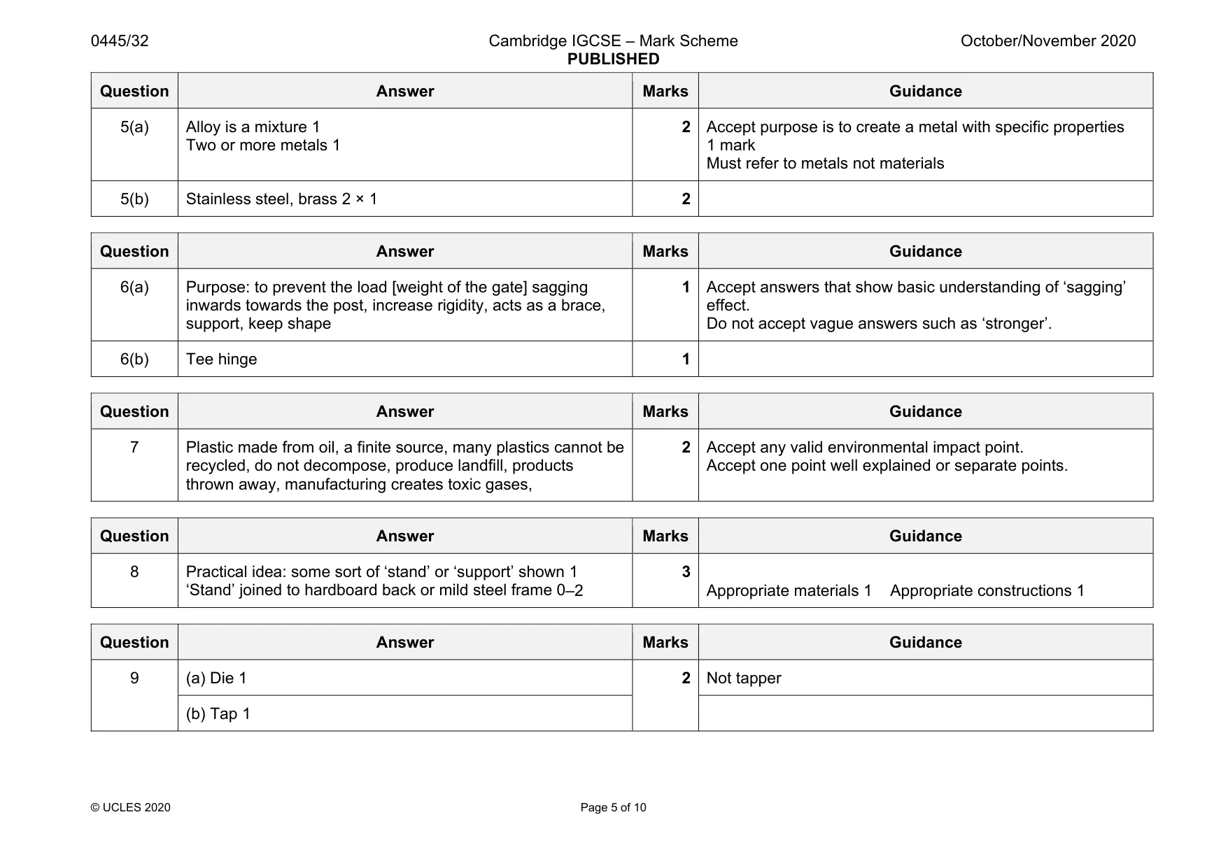 Mark scheme, page 5 of 10