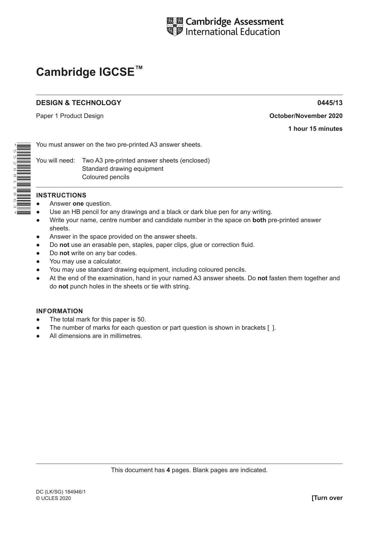 Cambridge IGCSE Design and Technology 0445 2020 Oct/Nov Paper 1 · Variant 3 question paper, page 1 of 4