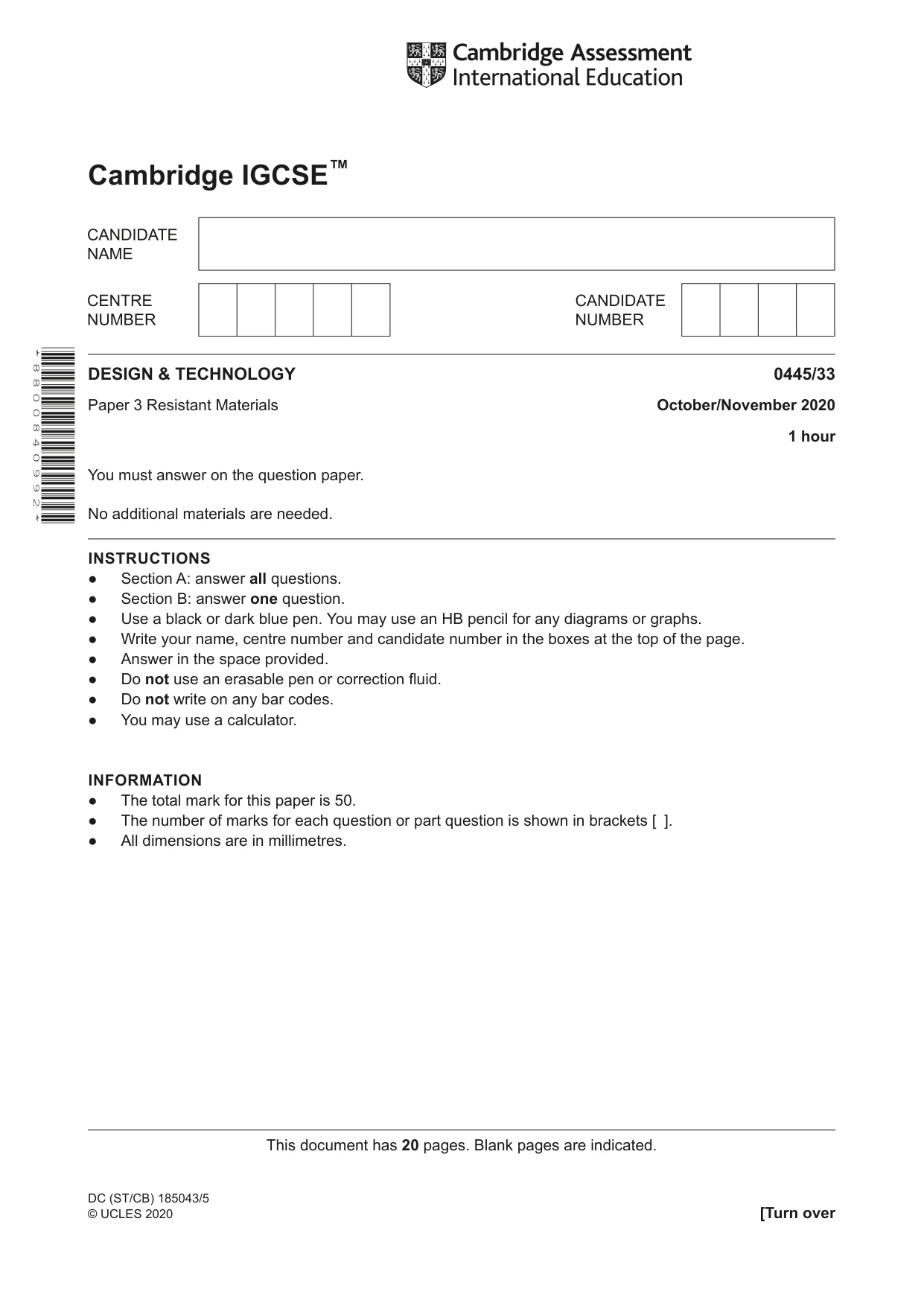 Cambridge IGCSE Design and Technology 0445 2020 Oct/Nov Paper 3 · Variant 3 question paper, page 1 of 20