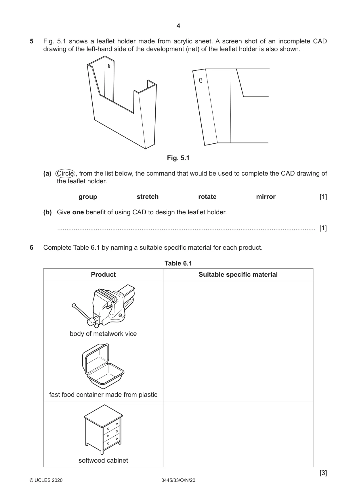 Cambridge IGCSE Design and Technology 0445 2020 Oct/Nov Paper 3 · Variant 3 question paper, page 4 of 20