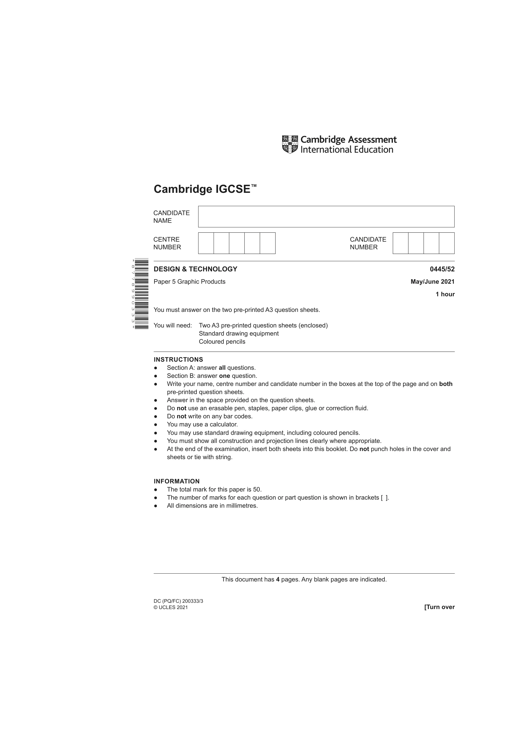 Cambridge IGCSE Design and Technology 0445 2021 May/June Paper 5 · Variant 2 question paper, page 1 of 4