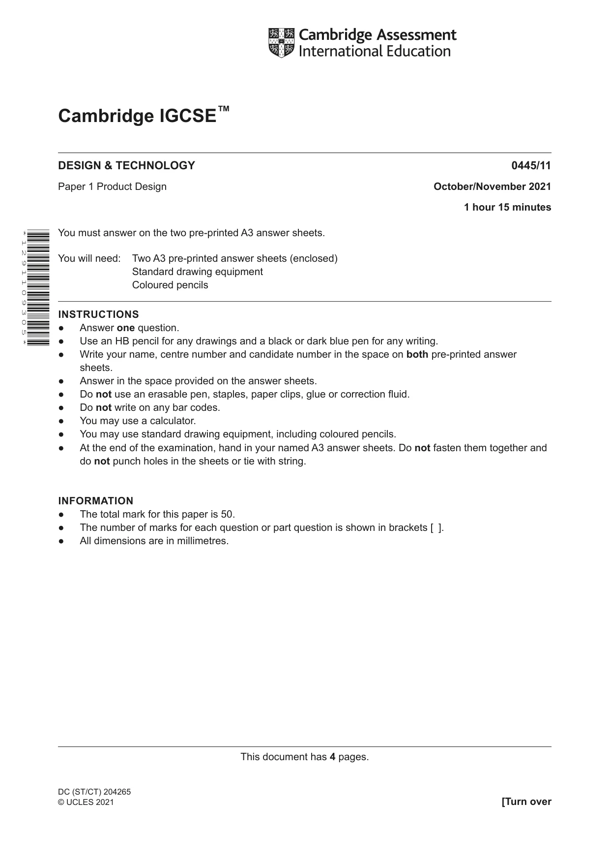 Cambridge IGCSE Design and Technology 0445 2021 Oct/Nov Paper 1 · Variant 1 question paper, page 1 of 4