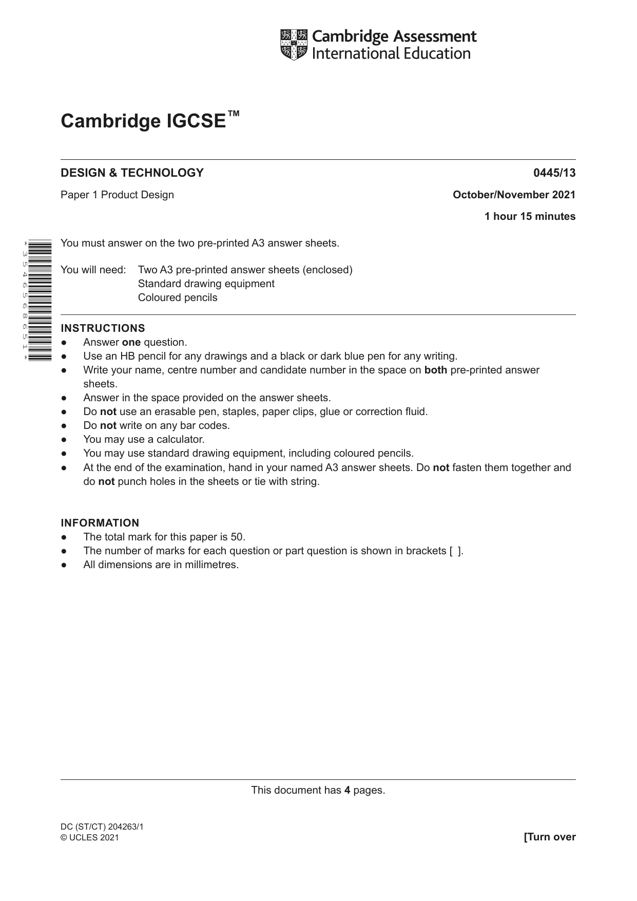 Cambridge IGCSE Design and Technology 0445 2021 Oct/Nov Paper 1 · Variant 3 question paper, page 1 of 4