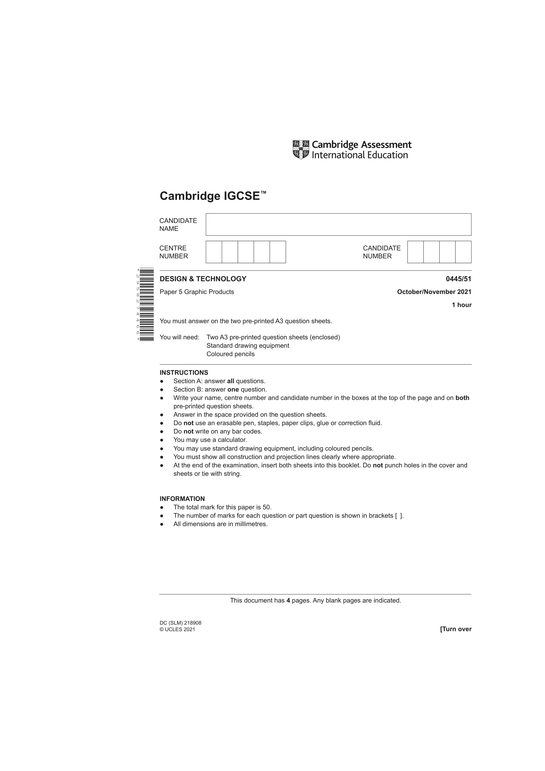 Cambridge IGCSE Design and Technology 0445 2021 Oct/Nov Paper 5 · Variant 1 question paper, page 1 of 4
