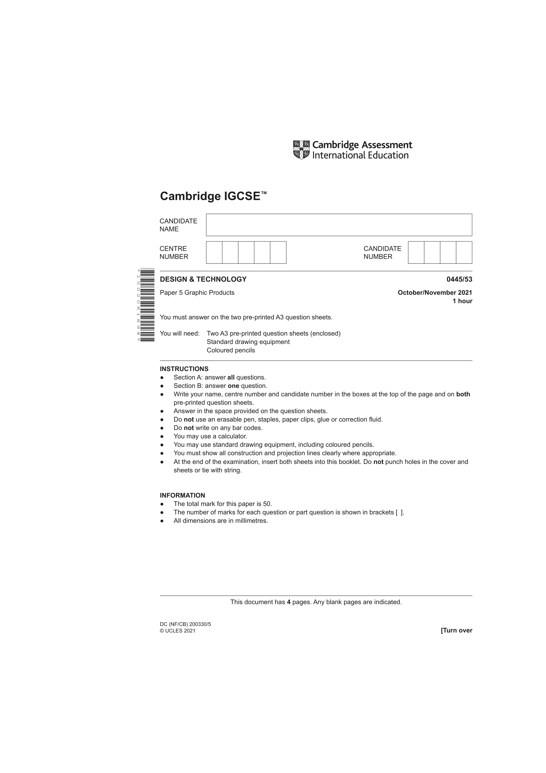 Cambridge IGCSE Design and Technology 0445 2021 Oct/Nov Paper 5 · Variant 3 question paper, page 1 of 4