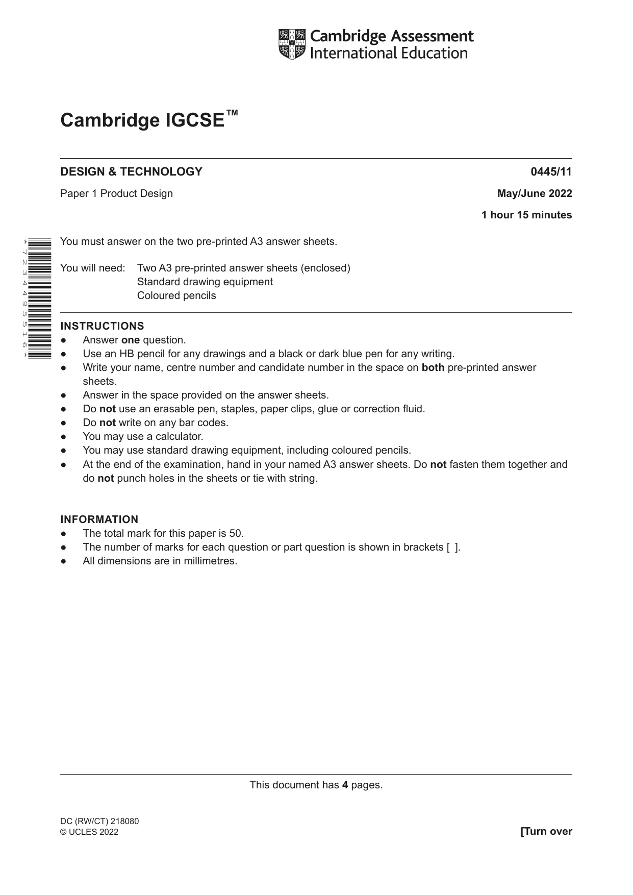 Cambridge IGCSE Design and Technology 0445 2022 May/June Paper 1 · Variant 1 question paper, page 1 of 4