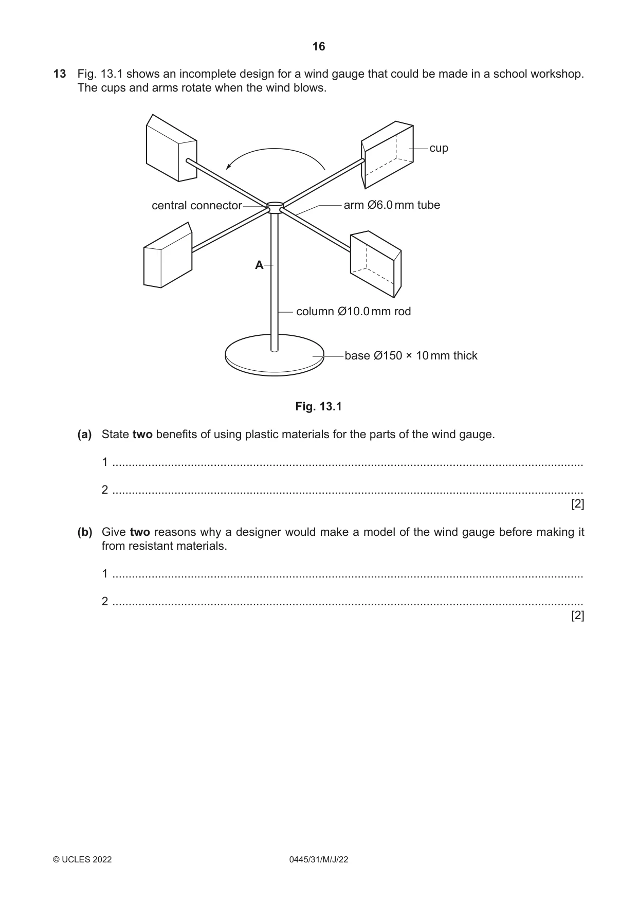 Cambridge IGCSE Design and Technology 0445 2022 May/June Paper 3 · Variant 1 question paper, page 16 of 20