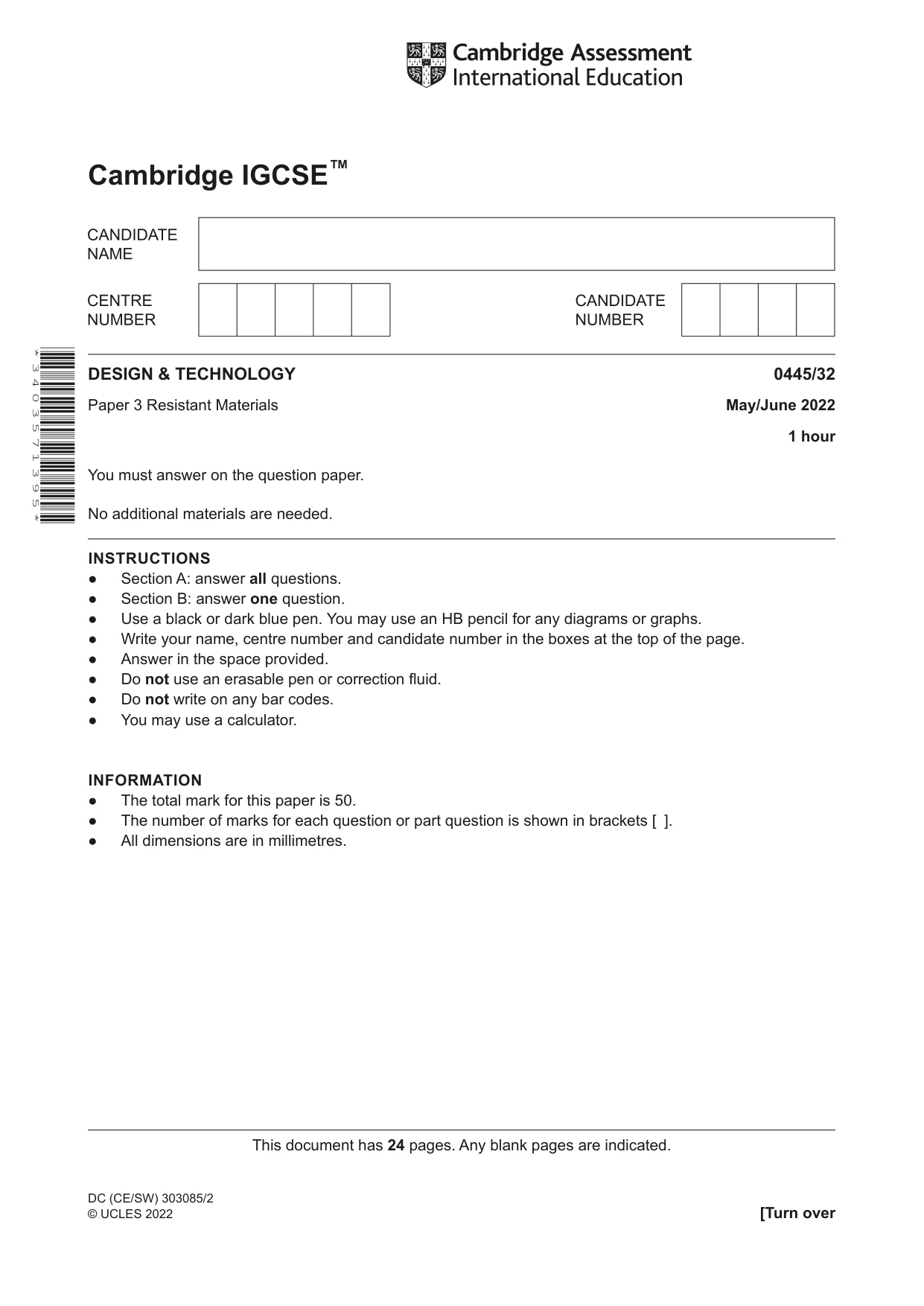 Cambridge IGCSE Design and Technology 0445 2022 May/June Paper 3 · Variant 2 question paper, page 1 of 24