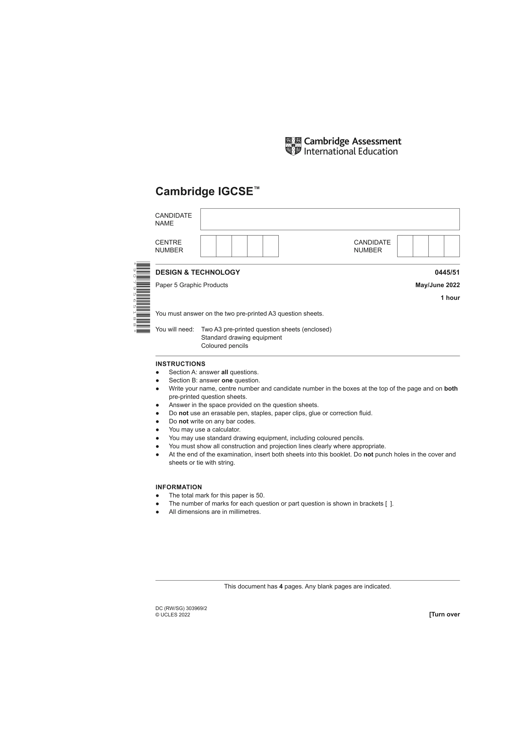 Cambridge IGCSE Design and Technology 0445 2022 May/June Paper 5 · Variant 1 question paper, page 1 of 4