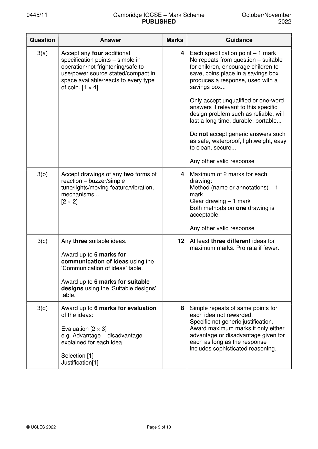 Mark scheme, page 9 of 10