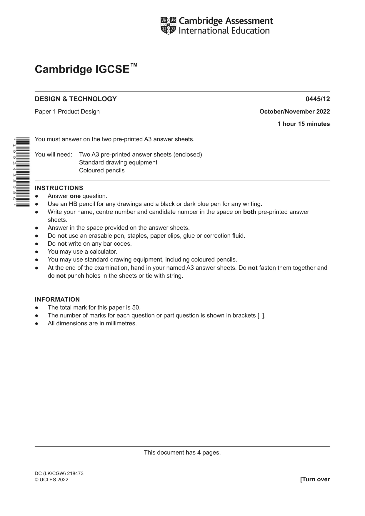 Cambridge IGCSE Design and Technology 0445 2022 Oct/Nov Paper 1 · Variant 2 question paper, page 1 of 4