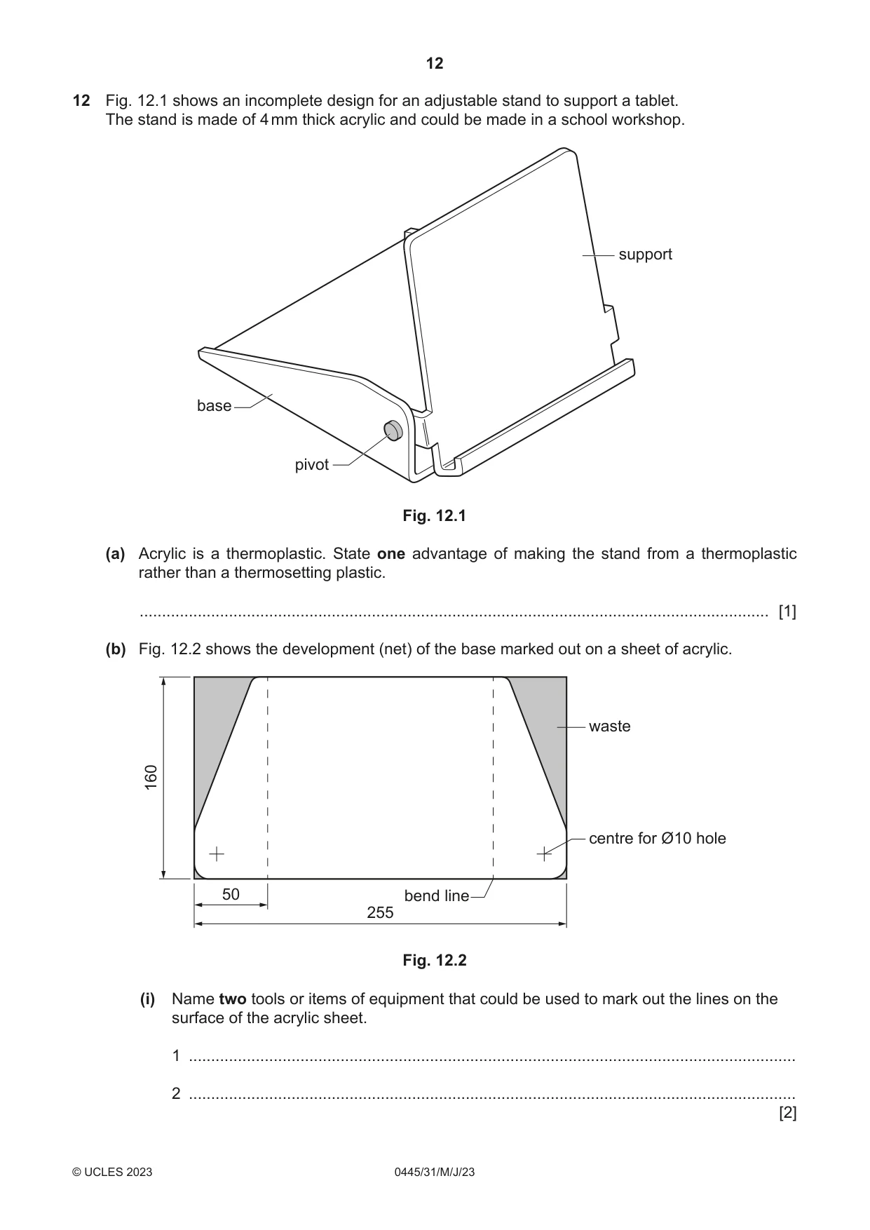 Cambridge IGCSE Design and Technology 0445 2023 May/June Paper 3 · Variant 1 question paper, page 12 of 20
