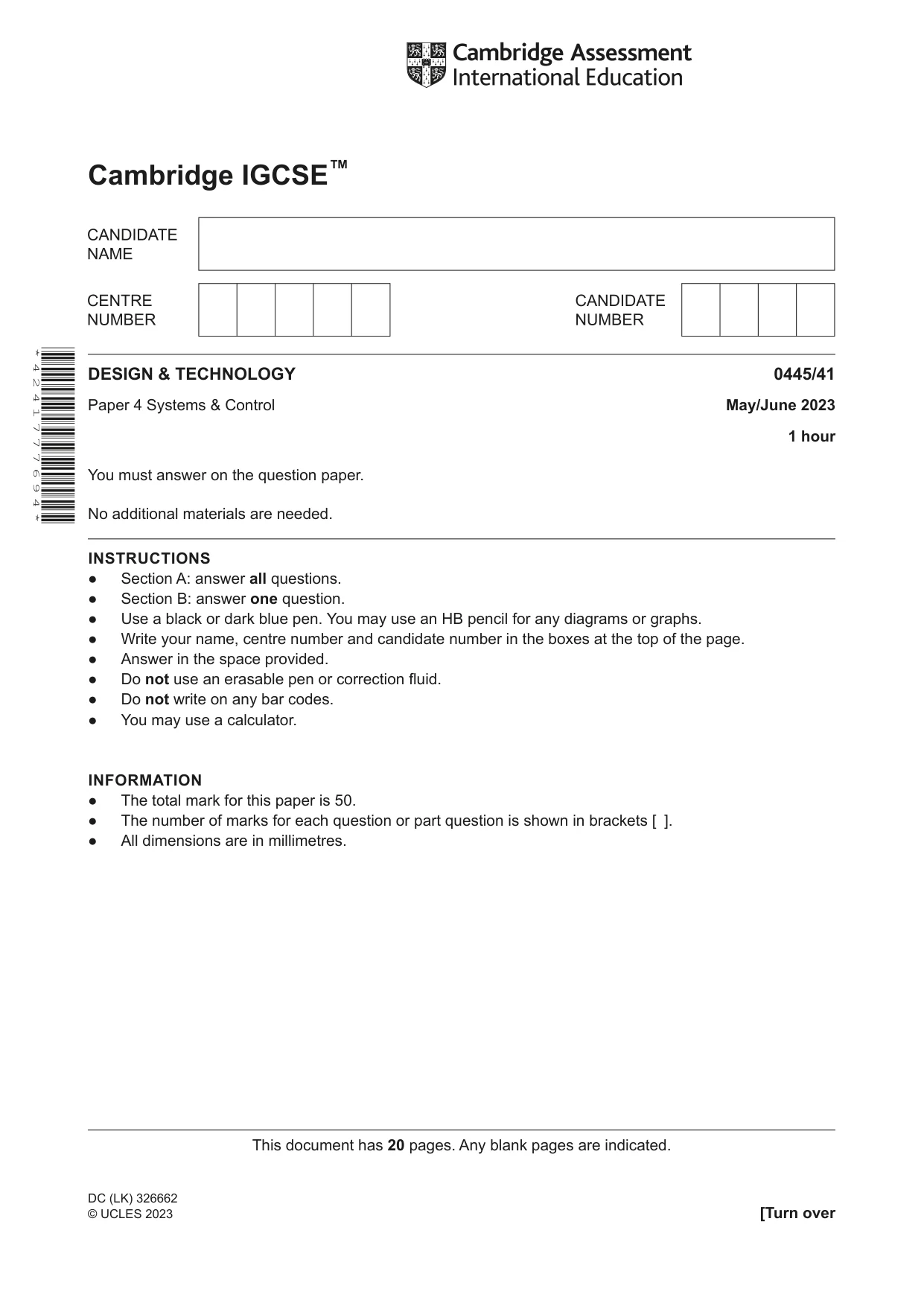 Cambridge IGCSE Design and Technology 0445 2023 May/June Paper 4 · Variant 1 question paper, page 1 of 20
