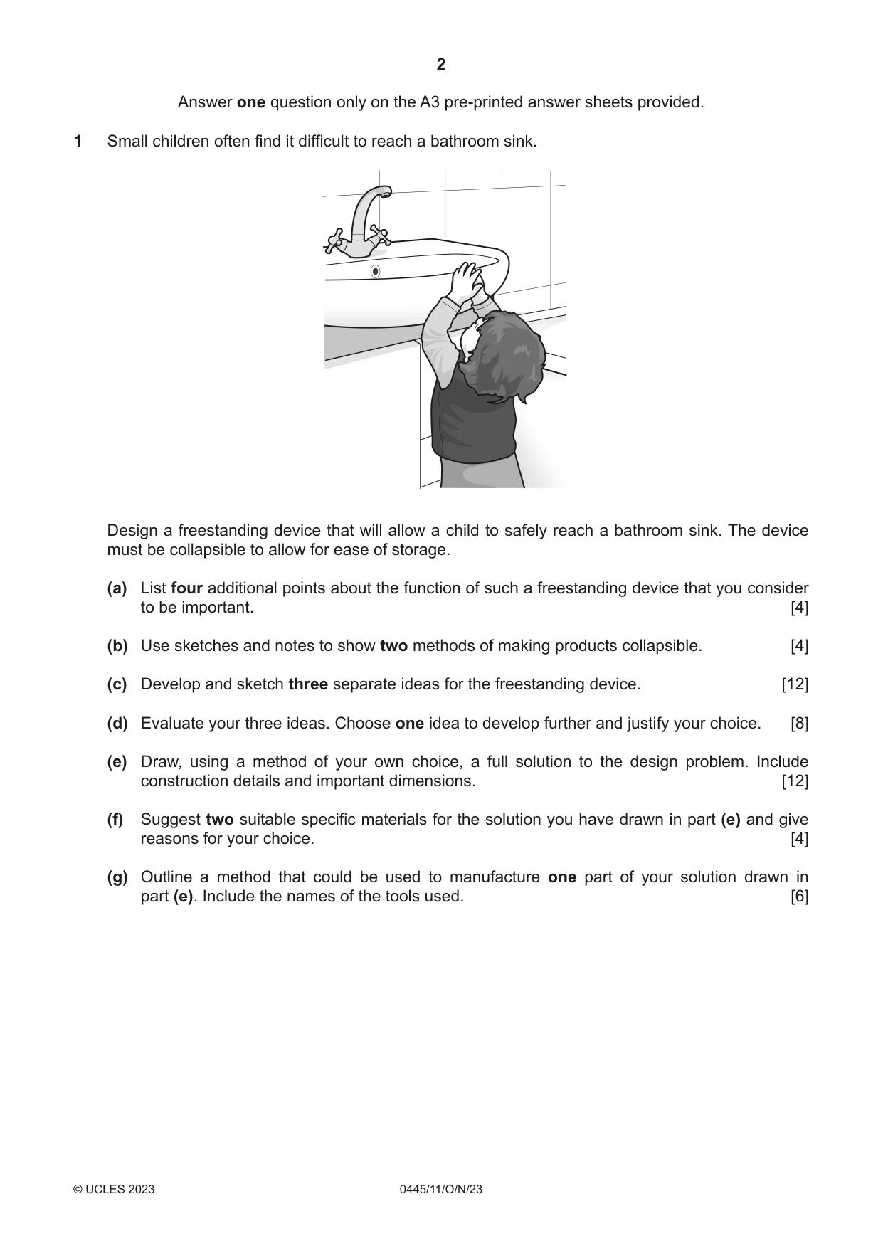 Cambridge IGCSE Design and Technology 0445 2023 Oct/Nov Paper 1 · Variant 1 question paper, page 2 of 4