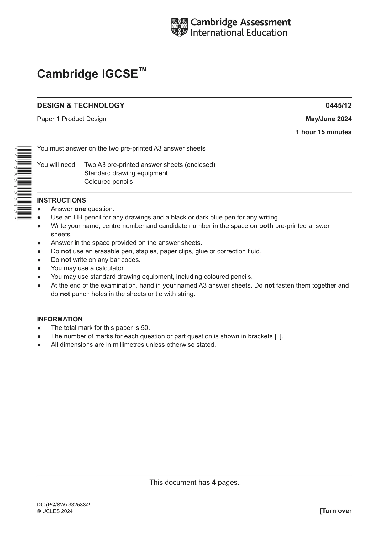 Cambridge IGCSE Design and Technology 0445 2024 May/June Paper 1 · Variant 2 question paper, page 1 of 4