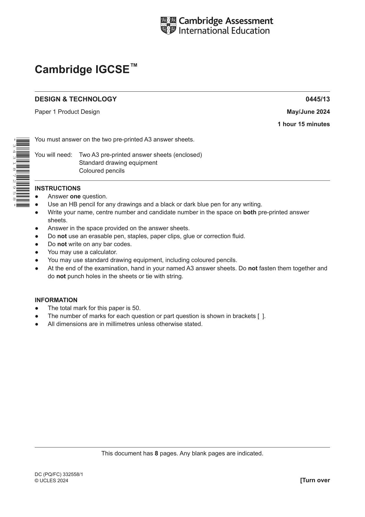 Cambridge IGCSE Design and Technology 0445 2024 May/June Paper 1 · Variant 3 question paper, page 1 of 8