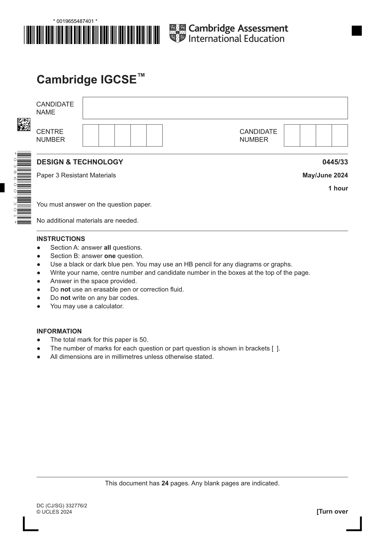 Cambridge IGCSE Design and Technology 0445 2024 May/June Paper 3 · Variant 3 question paper, page 1 of 24