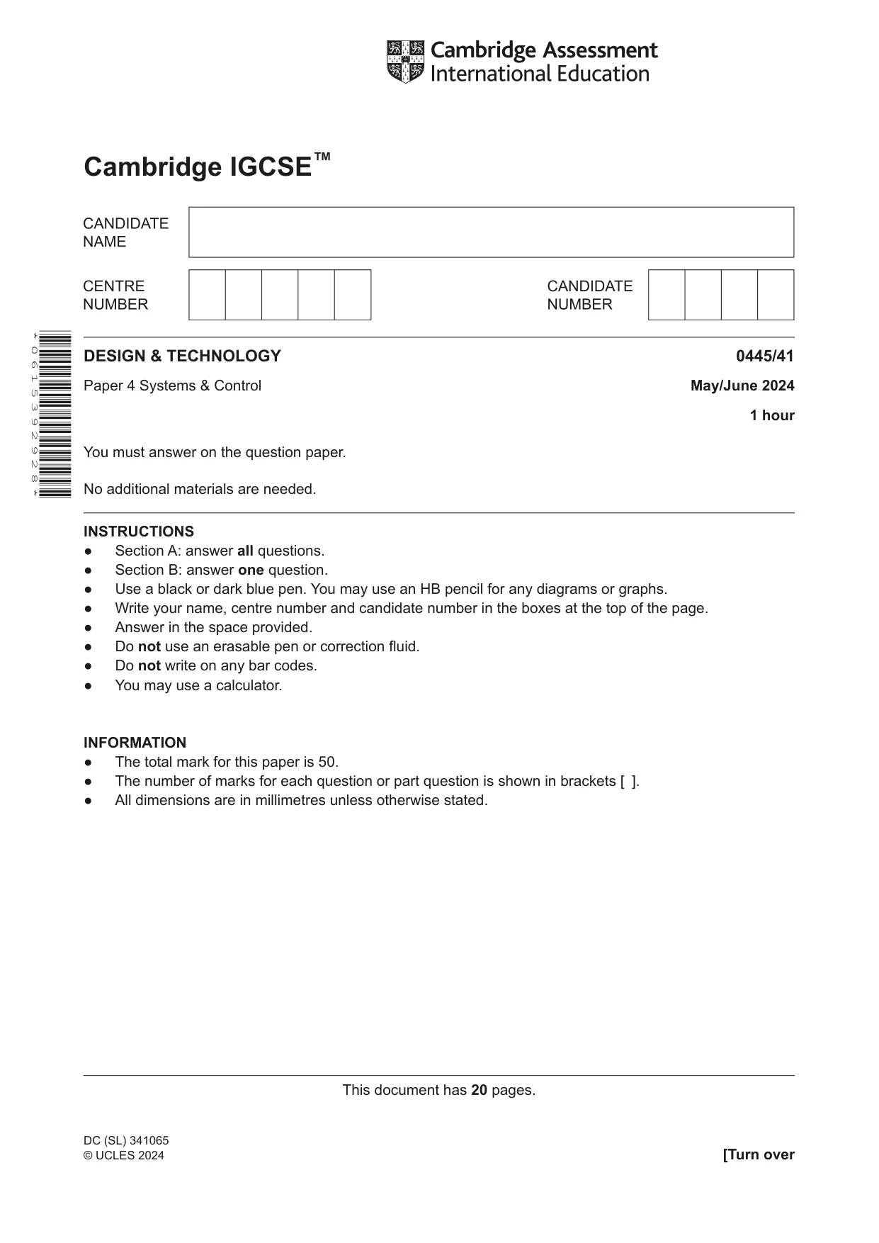 Cambridge IGCSE Design and Technology 0445 2024 May/June Paper 4 · Variant 1 question paper, page 1 of 20