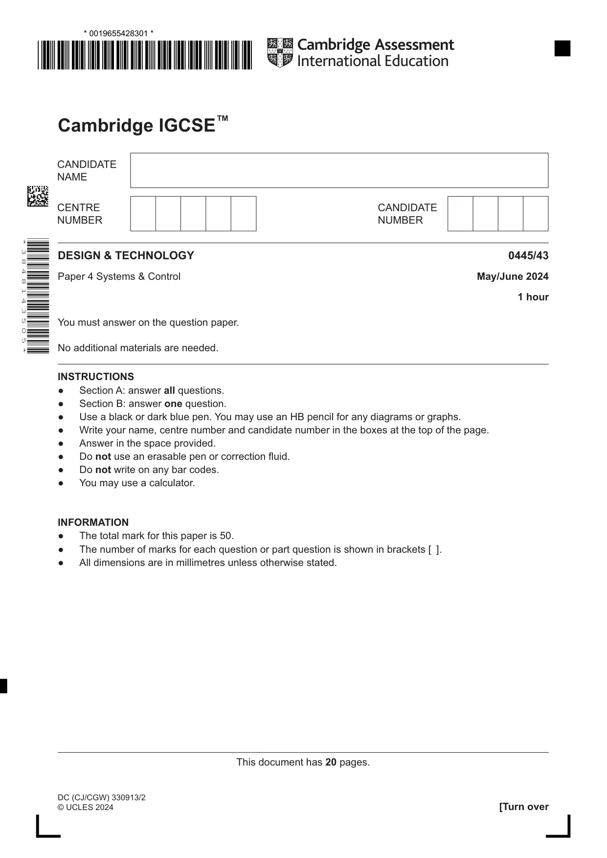 Cambridge IGCSE Design and Technology 0445 2024 May/June Paper 4 · Variant 3 question paper, page 1 of 20