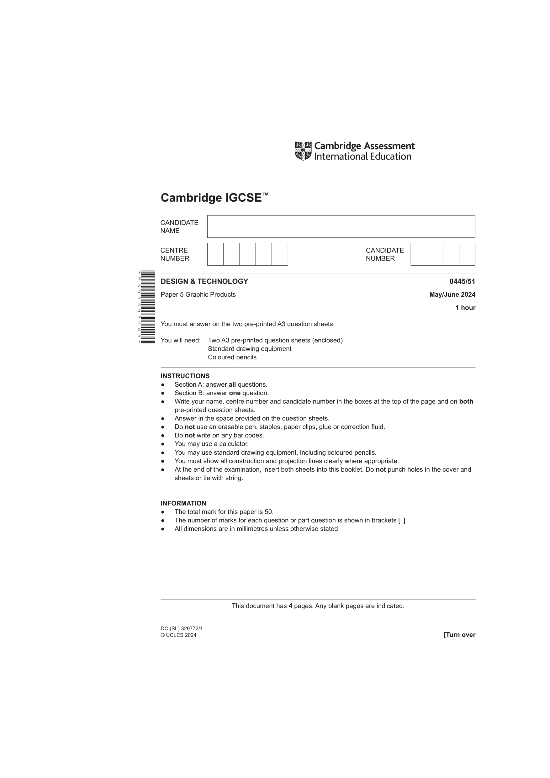 Cambridge IGCSE Design and Technology 0445 2024 May/June Paper 5 · Variant 1 question paper, page 1 of 4