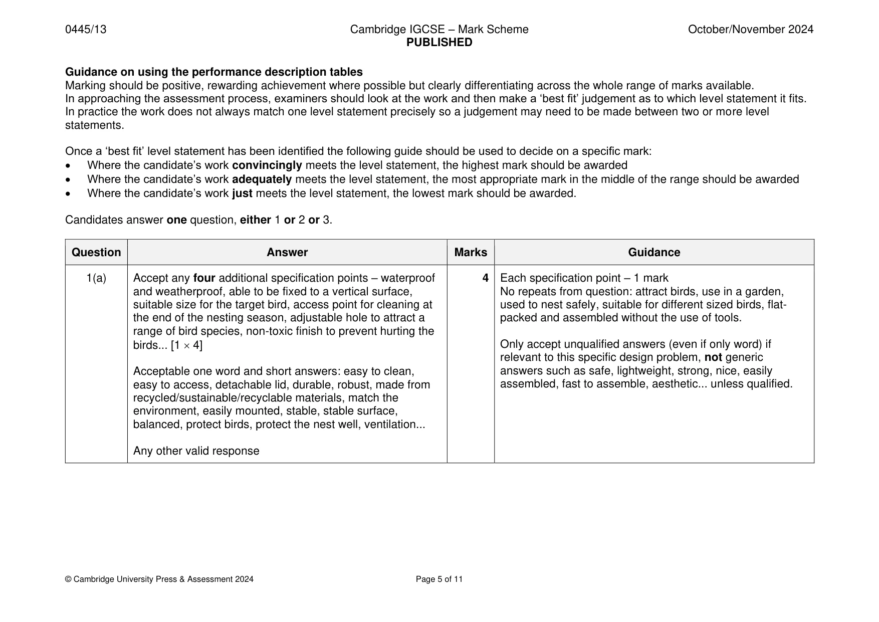 Mark scheme, page 5 of 11