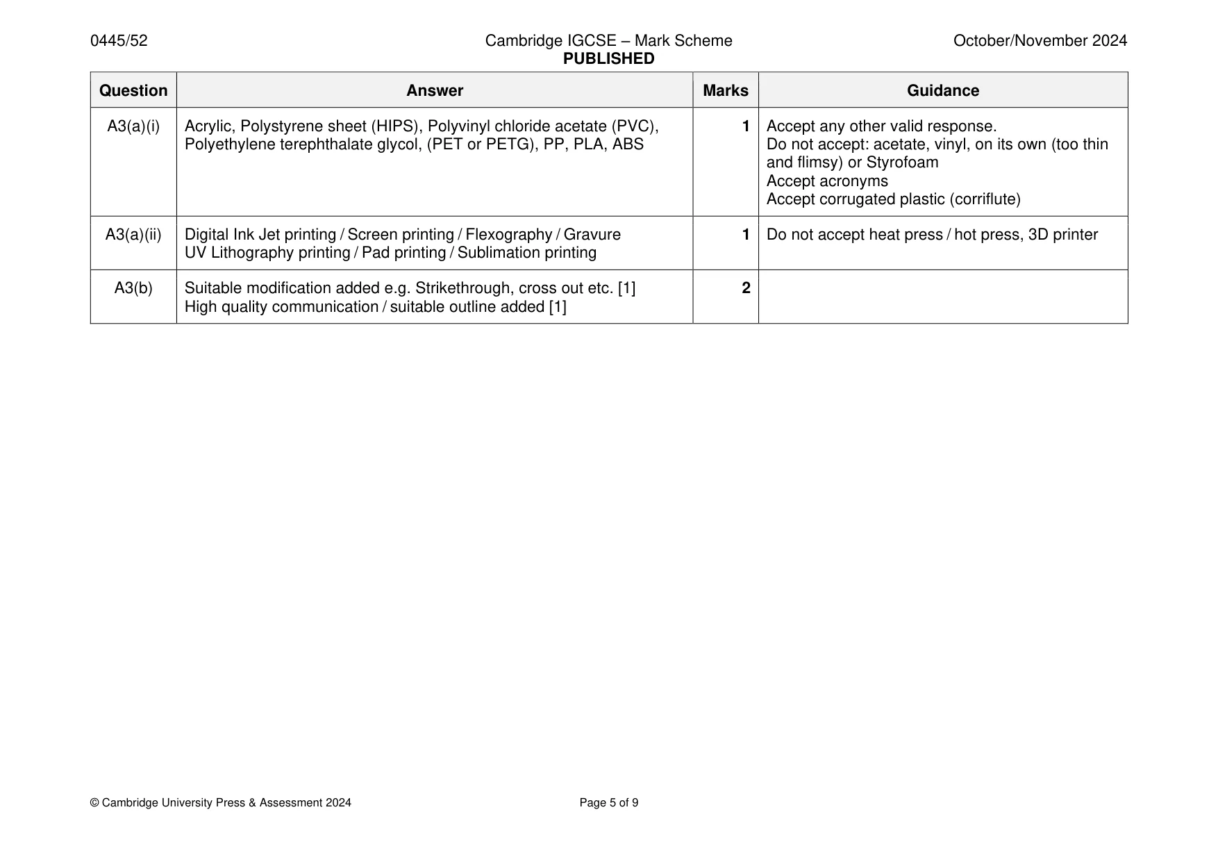 Mark scheme, page 5 of 9
