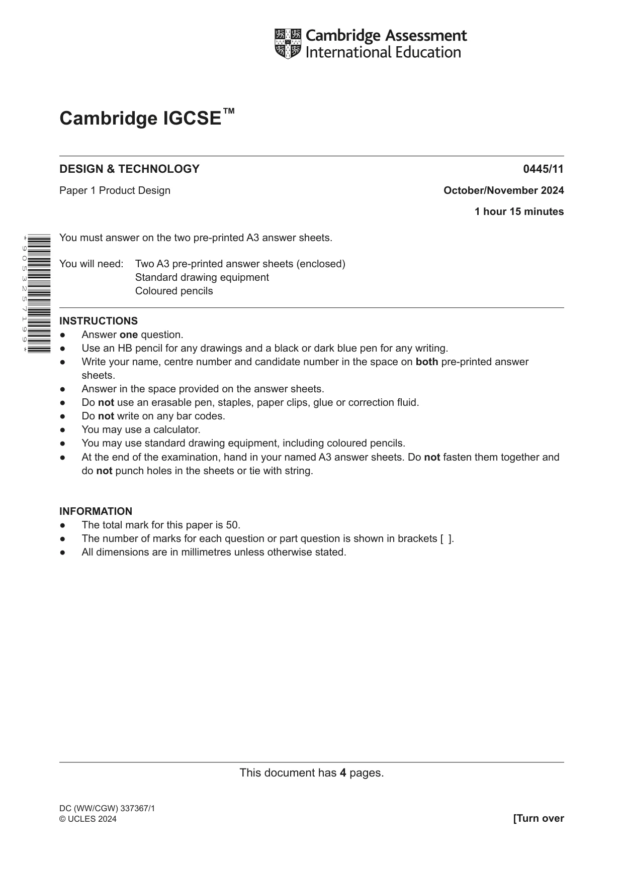 Cambridge IGCSE Design and Technology 0445 2024 Oct/Nov Paper 1 · Variant 1 question paper, page 1 of 4