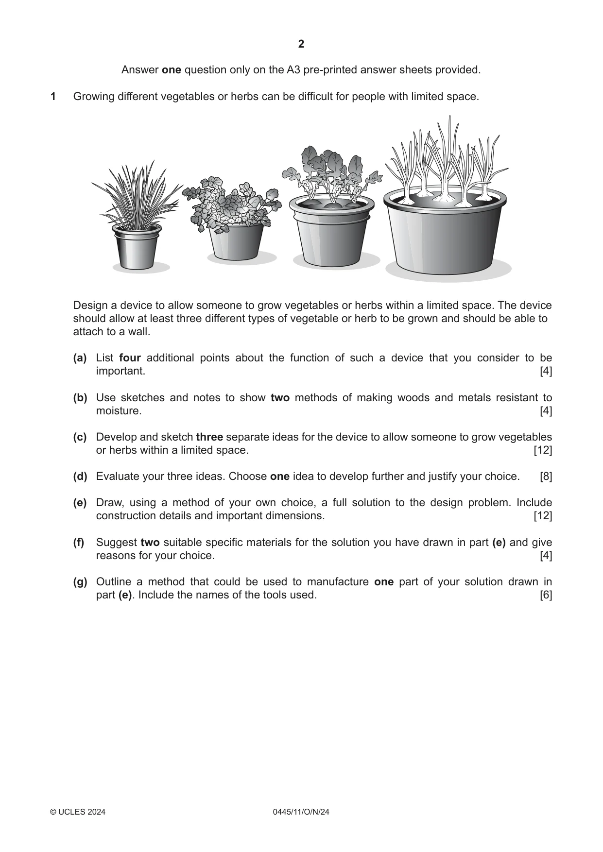 Cambridge IGCSE Design and Technology 0445 2024 Oct/Nov Paper 1 · Variant 1 question paper, page 2 of 4