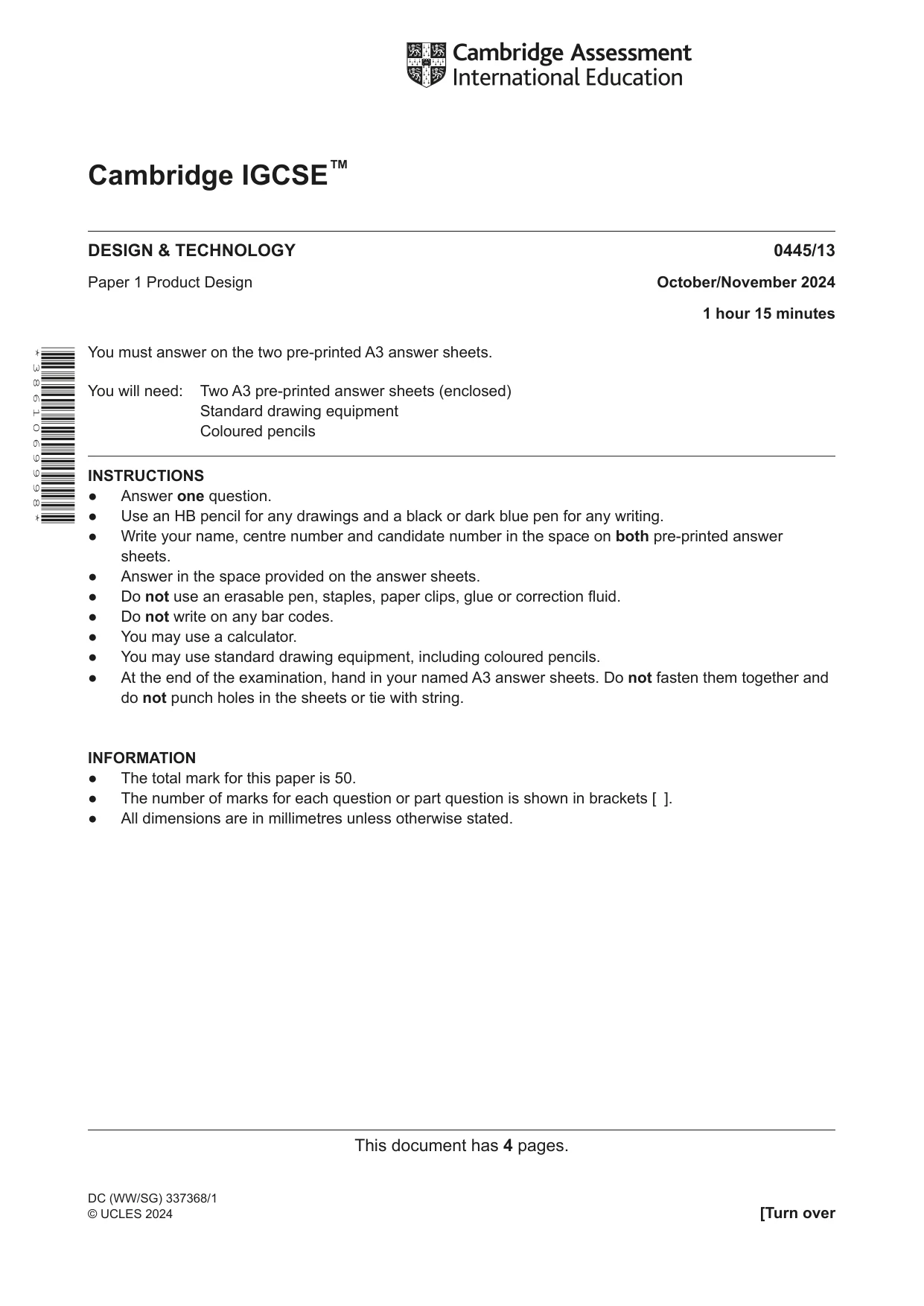 Cambridge IGCSE Design and Technology 0445 2024 Oct/Nov Paper 1 · Variant 3 question paper, page 1 of 4