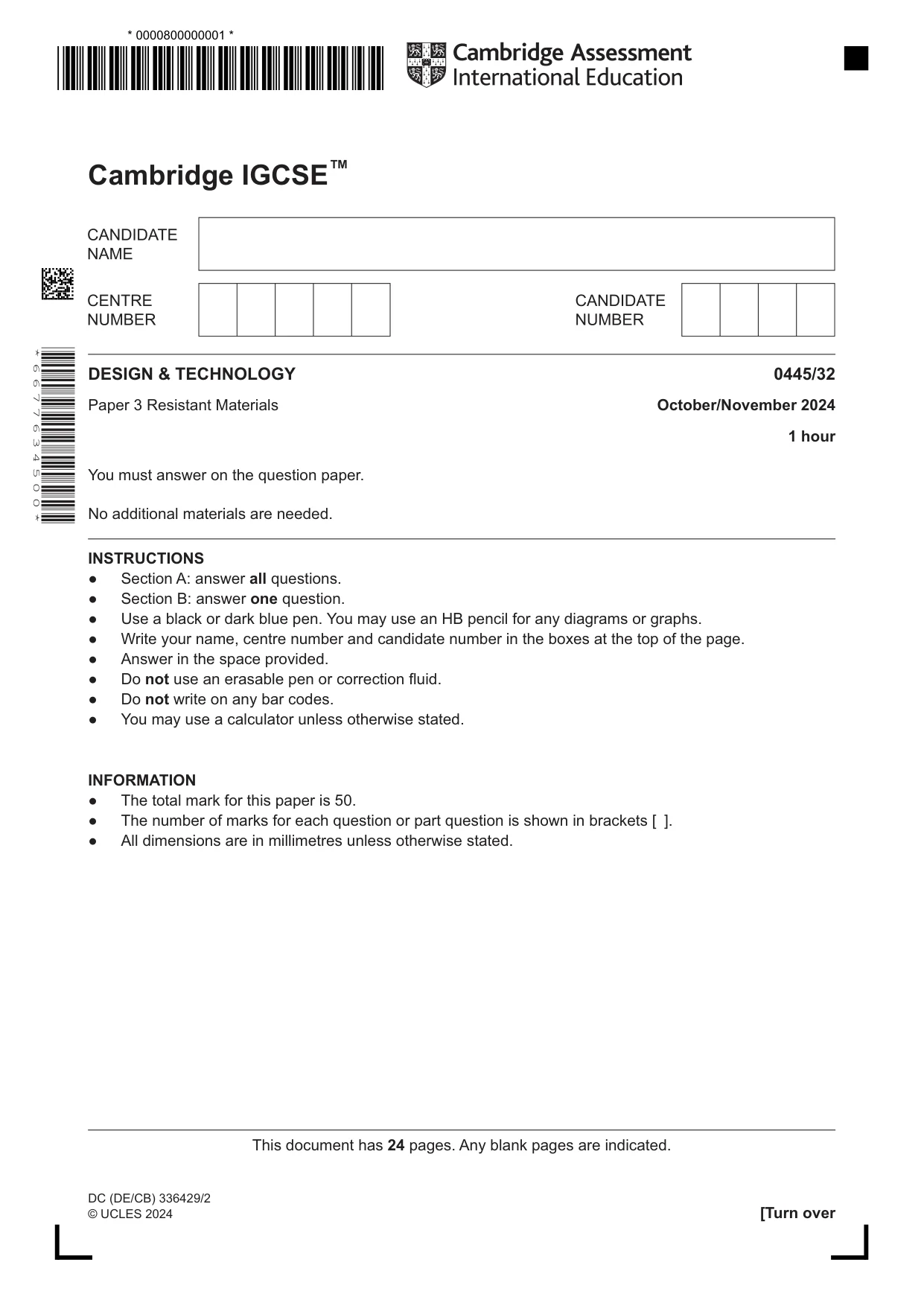 Cambridge IGCSE Design and Technology 0445 2024 Oct/Nov Paper 3 · Variant 2 question paper, page 1 of 24
