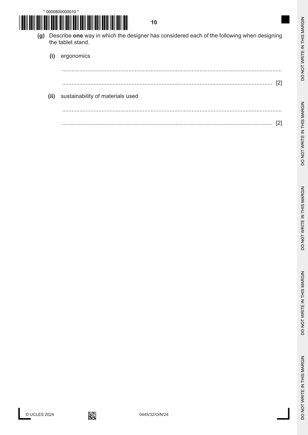 Cambridge IGCSE Design and Technology 0445 2024 Oct/Nov Paper 3 · Variant 2 question paper, page 10 of 24