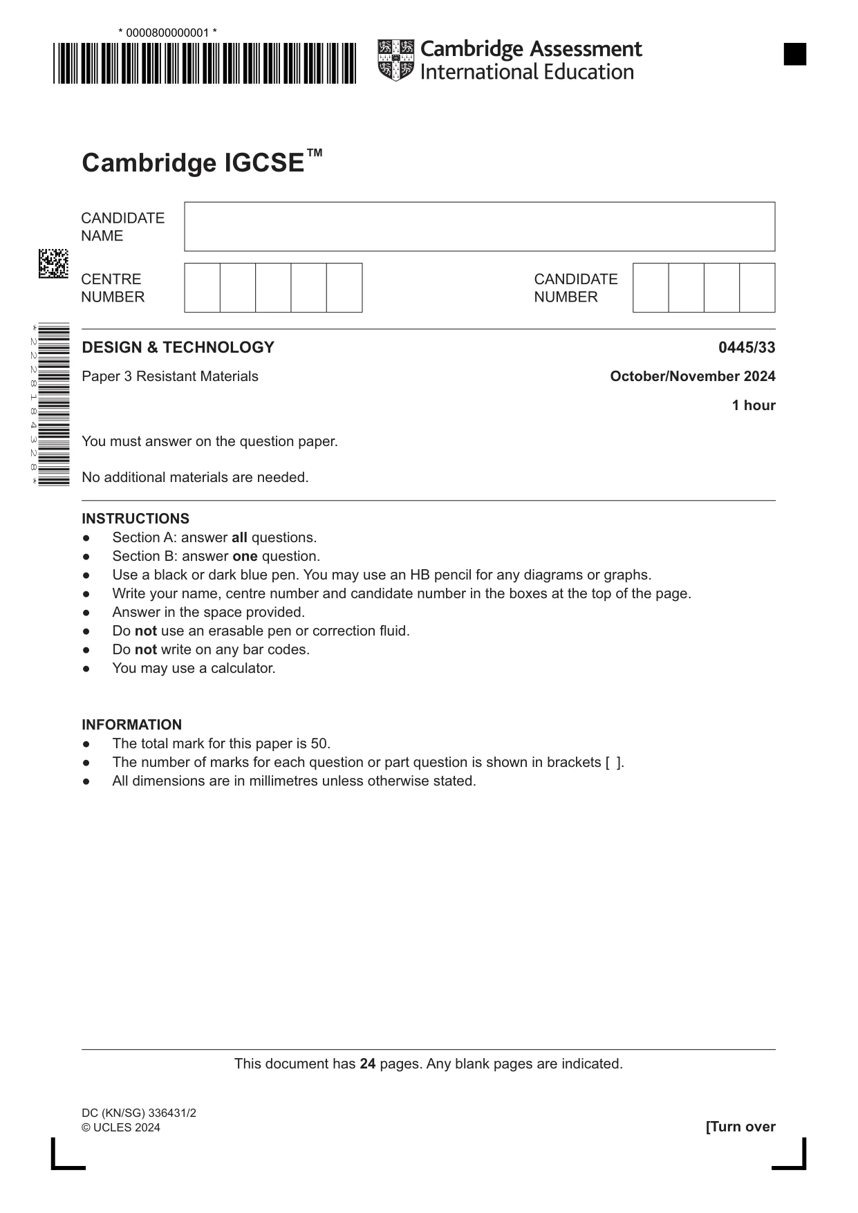 Cambridge IGCSE Design and Technology 0445 2024 Oct/Nov Paper 3 · Variant 3 question paper, page 1 of 24