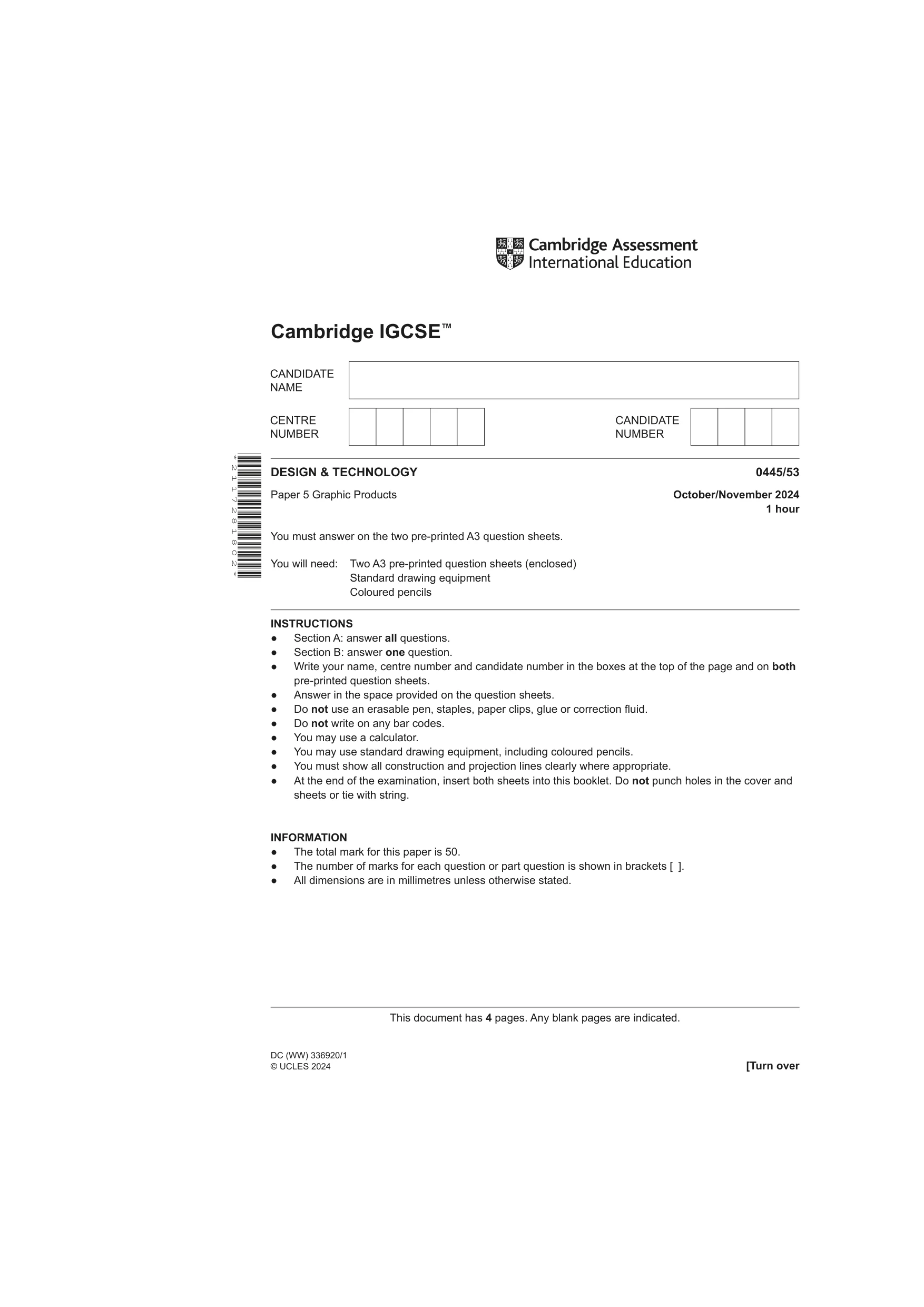Cambridge IGCSE Design and Technology 0445 2024 Oct/Nov Paper 5 · Variant 3 question paper, page 1 of 4