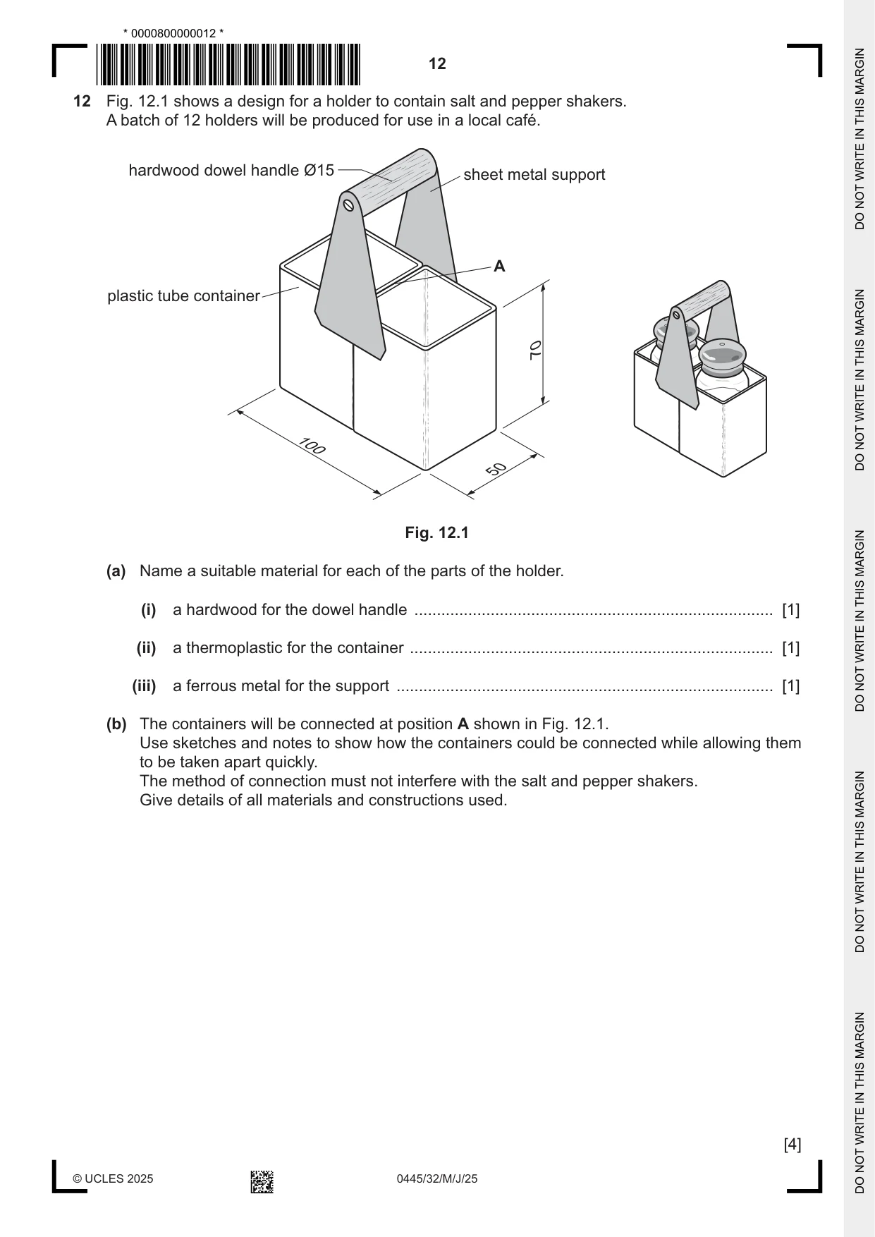 Cambridge IGCSE Design and Technology 0445 2025 May/June Paper 3 · Variant 2 question paper, page 12 of 20