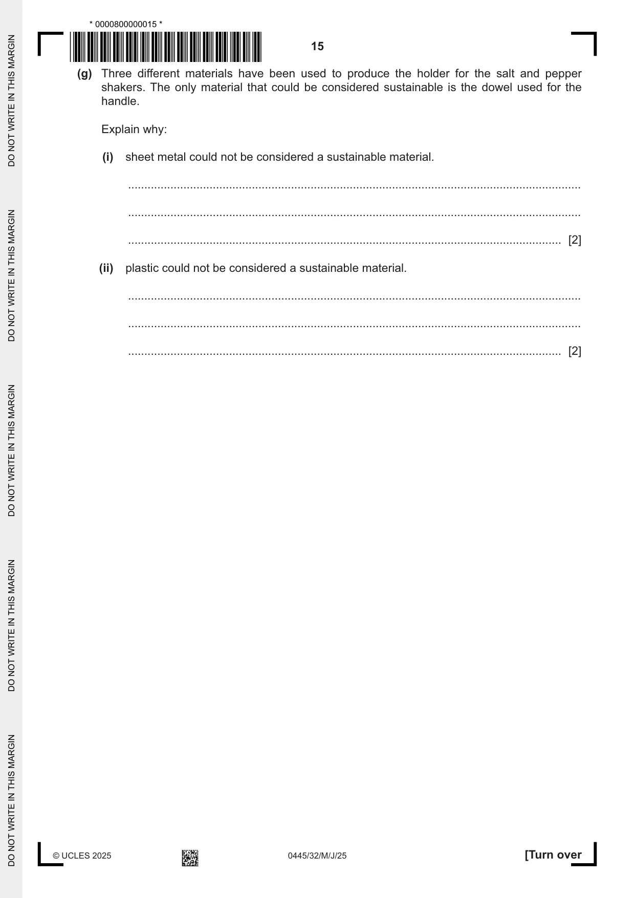 Cambridge IGCSE Design and Technology 0445 2025 May/June Paper 3 · Variant 2 question paper, page 15 of 20